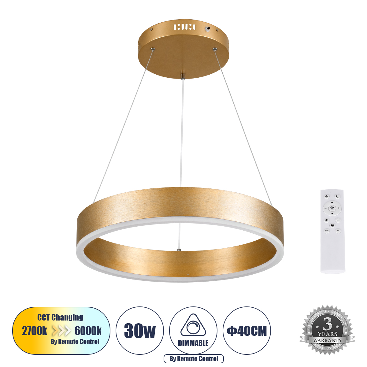 61175 GloboStar® VENOM 61175 Κρεμαστό Φωτιστικό Δαχτυλίδι-Κύκλος LED CCT 30W 3513lm 120° AC 220-240V – Εναλλαγή Φωτισμού μέσω Τηλεχειριστηρίου All In One Ψυχρό 6000K+Φυσικό 4500K+Θερμό 2700K Dimmable Φ40cm – Χρυσό Βούρτσας – 3 Years Warranty 61175 GloboStar® VENOM 61175 Κρεμαστό Φωτιστικό Δαχτυλίδι-Κύκλος LED CCT 30W 3513lm 120° AC 220-240V – Εναλλαγή Φωτισμού μέσω Τηλεχειριστηρίου All In One Ψυχρό 6000K+Φυσικό 4500K+Θερμό 2700K Dimmable Φ40cm – Χρυσό Βούρτσας – 3 Years Warranty