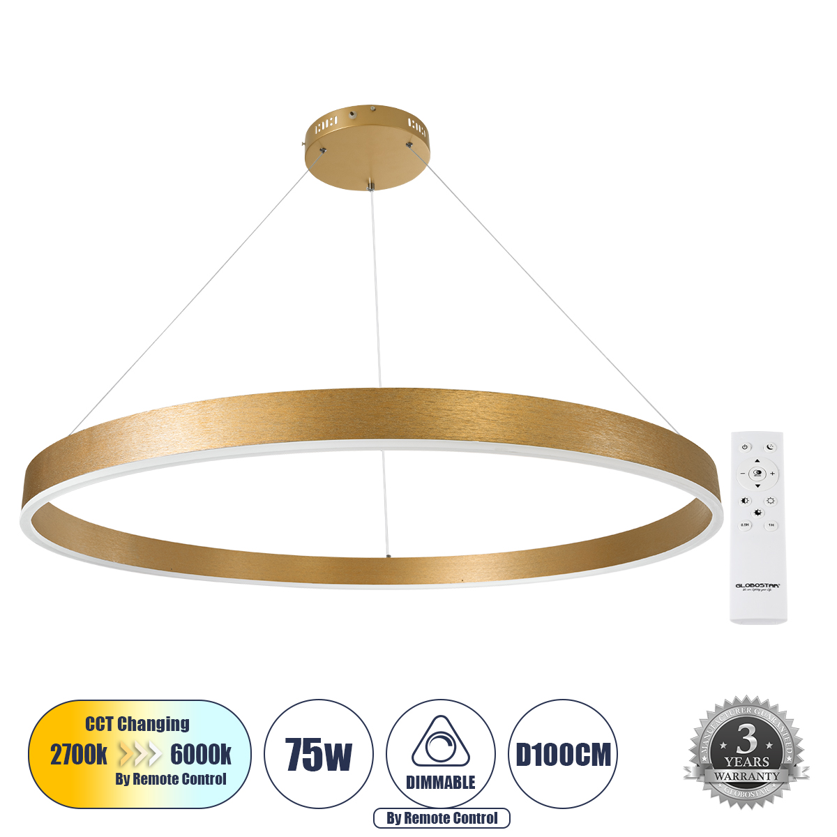 61184 GloboStar® VENOM 61184 Κρεμαστό Φωτιστικό Δαχτυλίδι-Κύκλος LED CCT 75W 8818lm 120° AC 220-240V – Εναλλαγή Φωτισμού μέσω Τηλεχειριστηρίου All In One Ψυχρό 6000K+Φυσικό 4500K+Θερμό 2700K Dimmable Φ100cm – Χρυσό Βούρτσας – 3 Years Warranty 61184 GloboStar® VENOM 61184 Κρεμαστό Φωτιστικό Δαχτυλίδι-Κύκλος LED CCT 75W 8818lm 120° AC 220-240V – Εναλλαγή Φωτισμού μέσω Τηλεχειριστηρίου All In One Ψυχρό 6000K+Φυσικό 4500K+Θερμό 2700K Dimmable Φ100cm – Χρυσό Βούρτσας – 3 Years Warranty