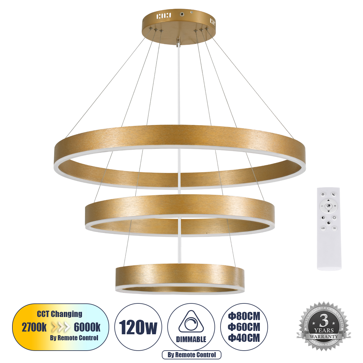 61190 GloboStar® VENOM TRIO 61190 Κρεμαστό Φωτιστικό Δαχτυλίδι-Κύκλος LED CCT 120W 14158lm 120° AC 220-240V – Εναλλαγή Φωτισμού μέσω Τηλεχειριστηρίου All In One Ψυχρό 6000K+Φυσικό 4500K+Θερμό 2700K Dimmable Φ40+60+80cm – Χρυσό Βούρτσας – 3 Years Warranty 61190 GloboStar® VENOM TRIO 61190 Κρεμαστό Φωτιστικό Δαχτυλίδι-Κύκλος LED CCT 120W 14158lm 120° AC 220-240V – Εναλλαγή Φωτισμού μέσω Τηλεχειριστηρίου All In One Ψυχρό 6000K+Φυσικό 4500K+Θερμό 2700K Dimmable Φ40+60+80cm – Χρυσό Βούρτσας – 3 Years Warranty