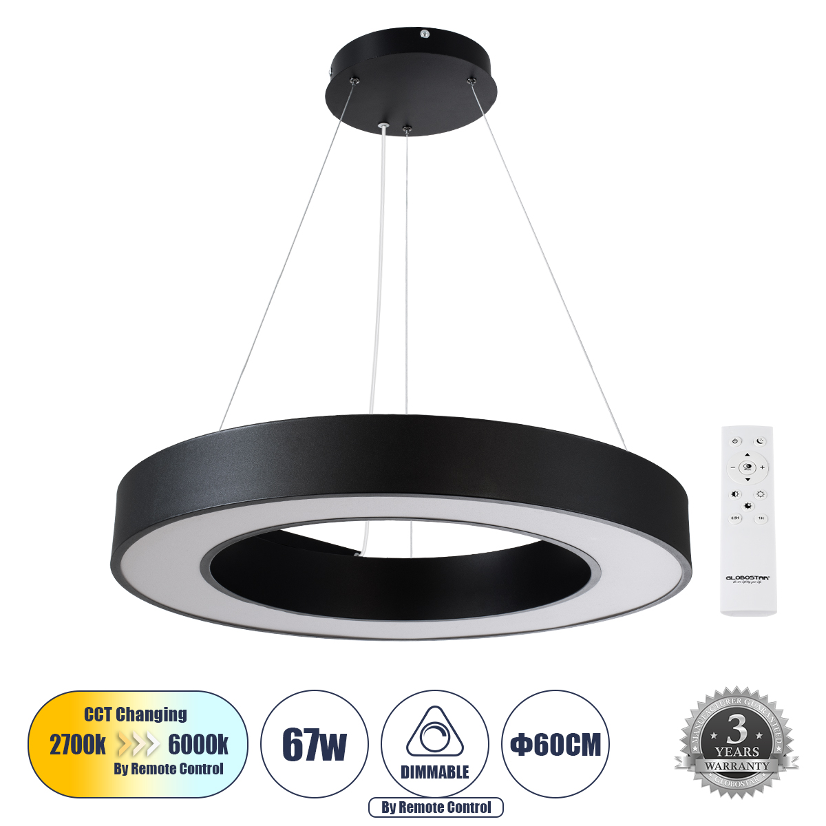 61194 GloboStar® RA 61194 Κρεμαστό Φωτιστικό Δαχτυλίδι-Κύκλος LED CCT 67W 7370lm 120° AC 220-240V – Εναλλαγή Φωτισμού μέσω Τηλεχειριστηρίου All In One Ψυχρό 6000k+Φυσικό 4500k+Θερμό 2700k Dimmable Φ60cm – Μαύρο – 3 Years Warranty 61194 GloboStar® RA 61194 Κρεμαστό Φωτιστικό Δαχτυλίδι-Κύκλος LED CCT 67W 7370lm 120° AC 220-240V – Εναλλαγή Φωτισμού μέσω Τηλεχειριστηρίου All In One Ψυχρό 6000k+Φυσικό 4500k+Θερμό 2700k Dimmable Φ60cm – Μαύρο – 3 Years Warranty