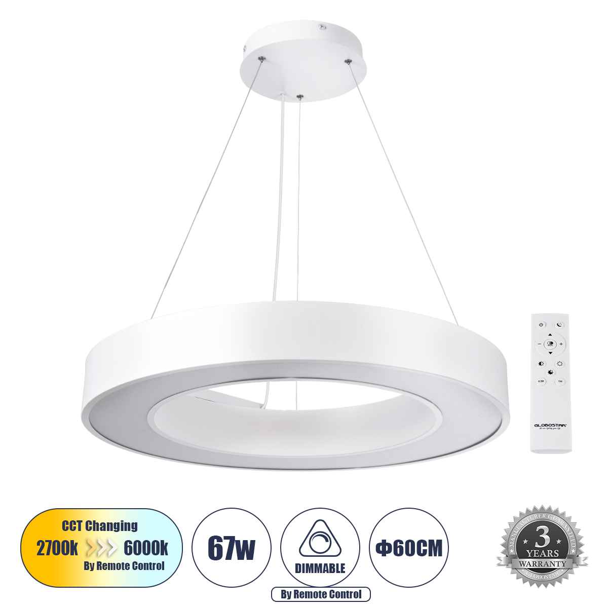 61195 GloboStar®  RA 61195 Κρεμαστό Φωτιστικό Δαχτυλίδι-Κύκλος LED CCT 67W 7370lm 120° AC 220-240V – Εναλλαγή Φωτισμού μέσω Τηλεχειριστηρίου All In One Ψυχρό 6000k+Φυσικό 4500k+Θερμό 2700k Dimmable Φ60cm – Λευκό – 3 Years Warranty