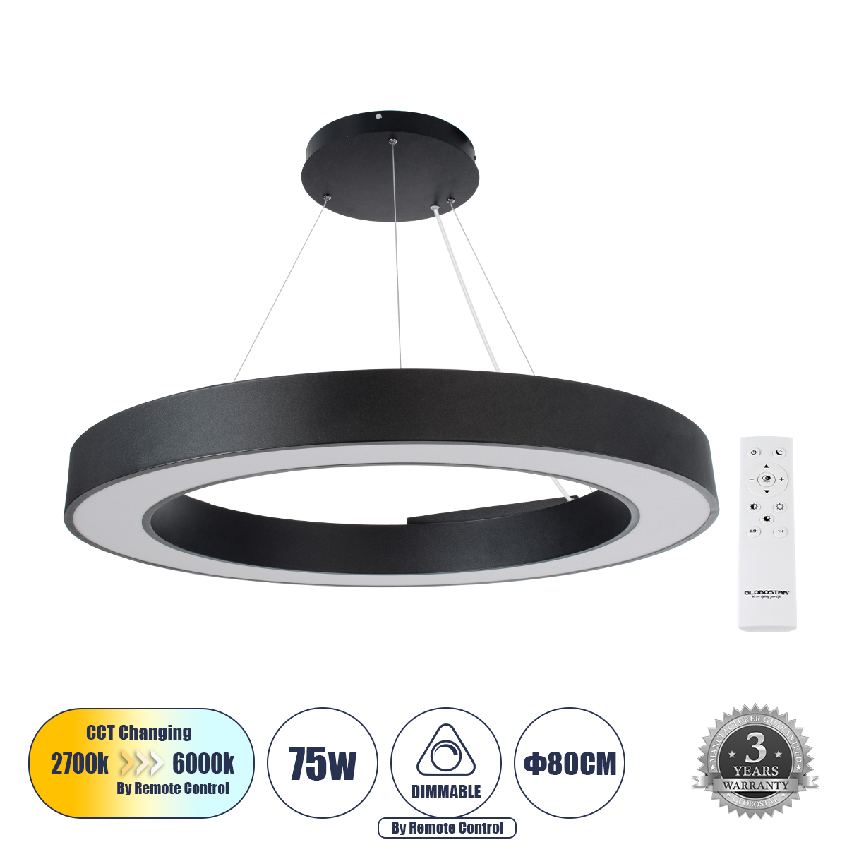 61196 GloboStar® RA 61196 Κρεμαστό Φωτιστικό Δαχτυλίδι-Κύκλος LED CCT 75W 8250lm 120° AC 220-240V – Εναλλαγή Φωτισμού μέσω Τηλεχειριστηρίου All In One Ψυχρό 6000k+Φυσικό 4500k+Θερμό 2700k Dimmable Φ80cm – Μαύρο – 3 Years Warranty 61196 GloboStar® RA 61196 Κρεμαστό Φωτιστικό Δαχτυλίδι-Κύκλος LED CCT 75W 8250lm 120° AC 220-240V – Εναλλαγή Φωτισμού μέσω Τηλεχειριστηρίου All In One Ψυχρό 6000k+Φυσικό 4500k+Θερμό 2700k Dimmable Φ80cm – Μαύρο – 3 Years Warranty