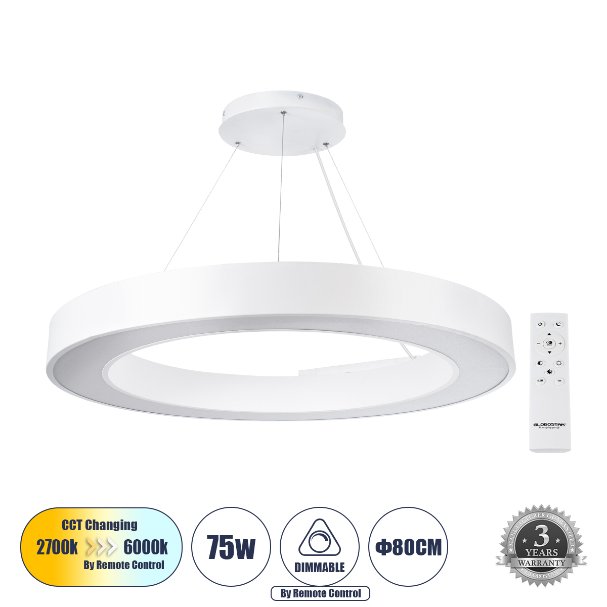 61197 GloboStar® RA 61197 Κρεμαστό Φωτιστικό Δαχτυλίδι-Κύκλος LED CCT 75W 8250lm 120° AC 220-240V – Εναλλαγή Φωτισμού μέσω Τηλεχειριστηρίου All In One Ψυχρό 6000k+Φυσικό 4500k+Θερμό 2700k Dimmable Φ80cm – Λευκό – 3 Years Warranty 61197 GloboStar® RA 61197 Κρεμαστό Φωτιστικό Δαχτυλίδι-Κύκλος LED CCT 75W 8250lm 120° AC 220-240V – Εναλλαγή Φωτισμού μέσω Τηλεχειριστηρίου All In One Ψυχρό 6000k+Φυσικό 4500k+Θερμό 2700k Dimmable Φ80cm – Λευκό – 3 Years Warranty