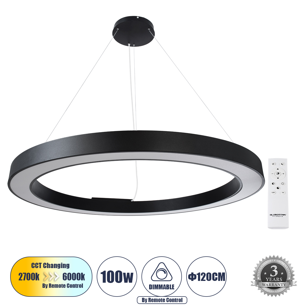 61198 GloboStar® RA 61198 Κρεμαστό Φωτιστικό Δαχτυλίδι-Κύκλος LED CCT 100W 11020lm 120° AC 220-240V – Εναλλαγή Φωτισμού μέσω Τηλεχειριστηρίου All In One Ψυχρό 6000k+Φυσικό 4500k+Θερμό 2700k Dimmable Φ120cm – Μαύρο – 3 Years Warranty 61198 GloboStar® RA 61198 Κρεμαστό Φωτιστικό Δαχτυλίδι-Κύκλος LED CCT 100W 11020lm 120° AC 220-240V – Εναλλαγή Φωτισμού μέσω Τηλεχειριστηρίου All In One Ψυχρό 6000k+Φυσικό 4500k+Θερμό 2700k Dimmable Φ120cm – Μαύρο – 3 Years Warranty