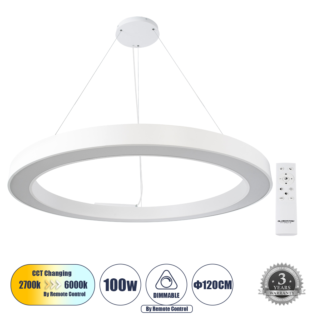 61199 GloboStar® RA 61199 Κρεμαστό Φωτιστικό Δαχτυλίδι-Κύκλος LED CCT 100W 11020lm 120° AC 220-240V – Εναλλαγή Φωτισμού μέσω Τηλεχειριστηρίου All In One Ψυχρό 6000k+Φυσικό 4500k+Θερμό 2700k Dimmable Φ120cm – Λευκό – 3 Years Warranty 61199 GloboStar® RA 61199 Κρεμαστό Φωτιστικό Δαχτυλίδι-Κύκλος LED CCT 100W 11020lm 120° AC 220-240V – Εναλλαγή Φωτισμού μέσω Τηλεχειριστηρίου All In One Ψυχρό 6000k+Φυσικό 4500k+Θερμό 2700k Dimmable Φ120cm – Λευκό – 3 Years Warranty
