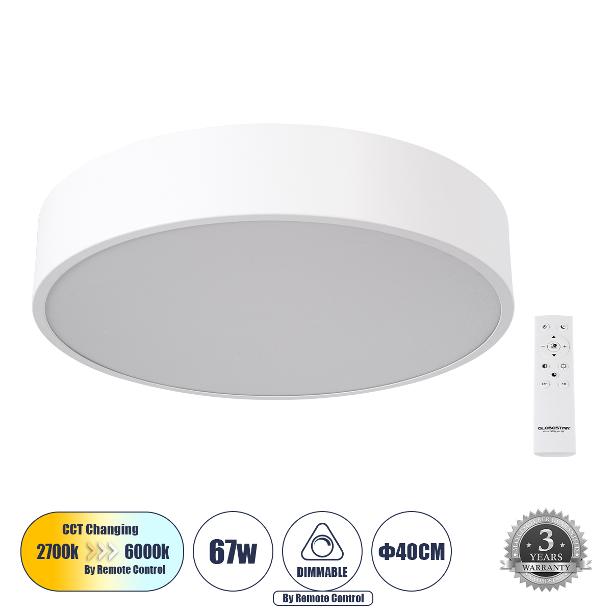 61201-1 GloboStar® GLOBOSTAR® BURTON 61201-S Μοντέρνο Φωτιστικό Οροφής LED 67W 7370lm 120° AC 220-240V IP20 Ρυθμιζόμενο Λευκό CCT με Χειριστήριο από 2700K έως 6000K Dimmable - Lumileds SMD Chip - Λευκό Ματ - Μ40 x Π40 x Υ8cm - 3 Χρόνια Εγγύηση