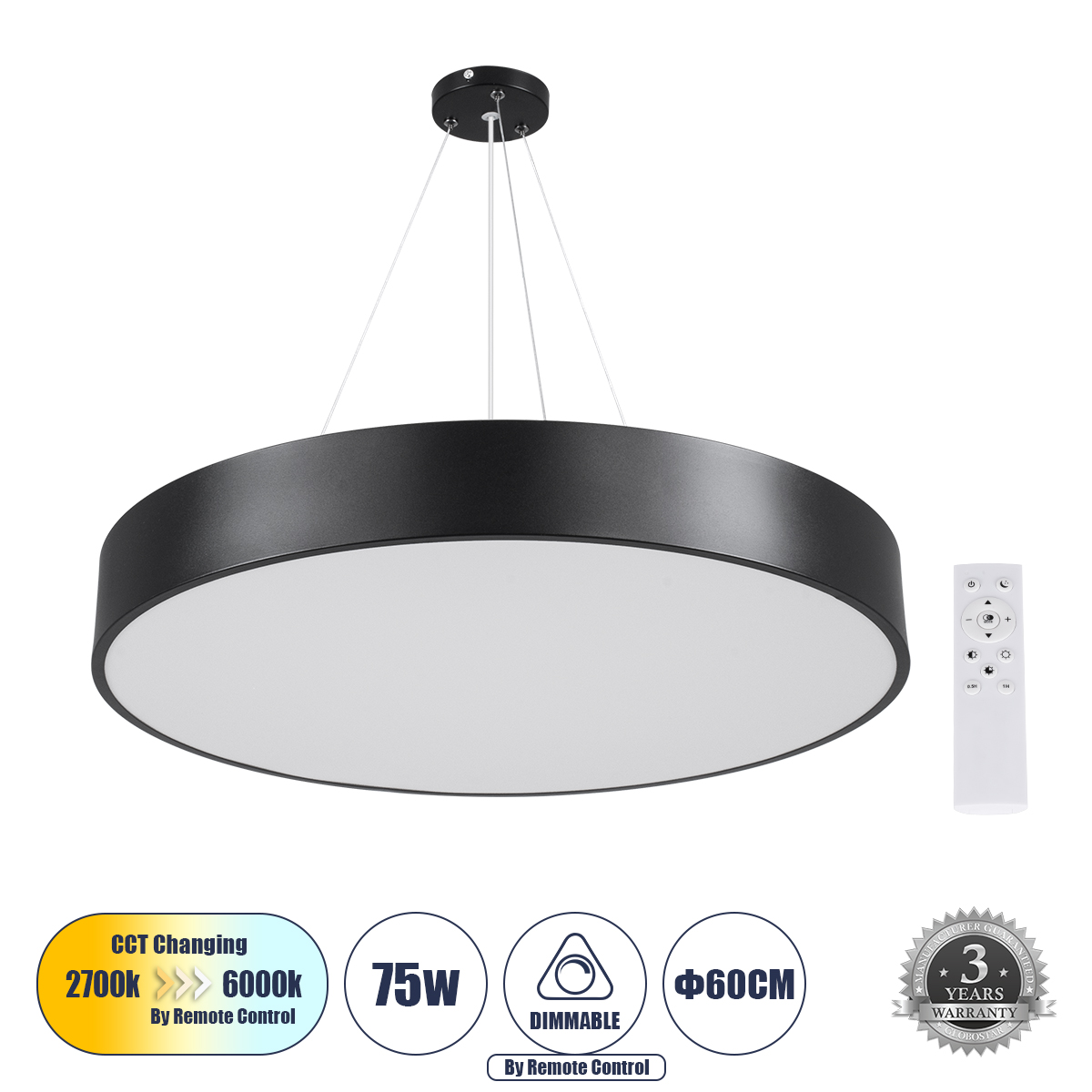 61202 GloboStar® BURTON 61202-P Κρεμαστή Πλαφονιέρα Οροφής LED CCT 75W 8625lm 120° AC 220-240V – Εναλλαγή Φωτισμού μέσω Τηλεχειριστηρίου All In One Ψυχρό 6000k+Φυσικό 4500k+Θερμό 2700k Dimmable Φ60cm – Μαύρο – 3 Years Warranty 61202 GloboStar® BURTON 61202-P Κρεμαστή Πλαφονιέρα Οροφής LED CCT 75W 8625lm 120° AC 220-240V – Εναλλαγή Φωτισμού μέσω Τηλεχειριστηρίου All In One Ψυχρό 6000k+Φυσικό 4500k+Θερμό 2700k Dimmable Φ60cm – Μαύρο – 3 Years Warranty