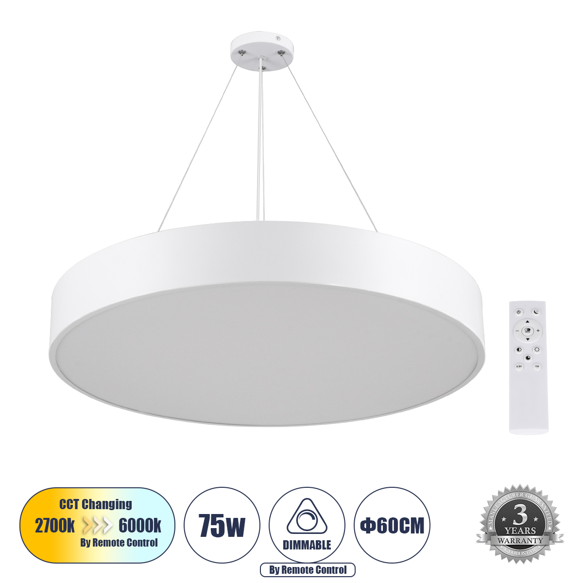 61203 GloboStar® BURTON 61203-P Κρεμαστή Πλαφονιέρα Οροφής LED CCT 75W 8625lm 120° AC 220-240V – Εναλλαγή Φωτισμού μέσω Τηλεχειριστηρίου All In One Ψυχρό 6000k+Φυσικό 4500k+Θερμό 2700k Dimmable Φ60cm – Λευκό – 3 Years Warranty 61203 GloboStar® BURTON 61203-P Κρεμαστή Πλαφονιέρα Οροφής LED CCT 75W 8625lm 120° AC 220-240V – Εναλλαγή Φωτισμού μέσω Τηλεχειριστηρίου All In One Ψυχρό 6000k+Φυσικό 4500k+Θερμό 2700k Dimmable Φ60cm – Λευκό – 3 Years Warranty