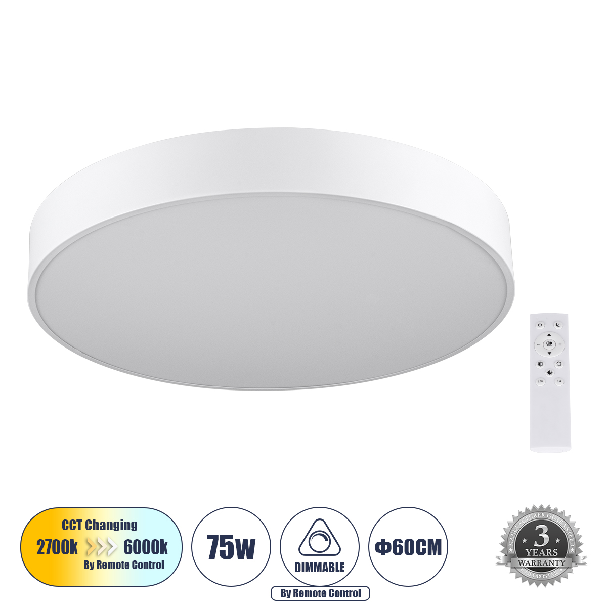61203-1 GloboStar® BURTON 61203-S Πλαφονιέρα Οροφής LED CCT 75W 8625lm 120° AC 220-240V – Εναλλαγή Φωτισμού μέσω Τηλεχειριστηρίου All In One Ψυχρό 6000k+Φυσικό 4500k+Θερμό 2700k Dimmable Φ60cm – Λευκό – 3 Years Warranty 61203-1 GloboStar® BURTON 61203-S Πλαφονιέρα Οροφής LED CCT 75W 8625lm 120° AC 220-240V – Εναλλαγή Φωτισμού μέσω Τηλεχειριστηρίου All In One Ψυχρό 6000k+Φυσικό 4500k+Θερμό 2700k Dimmable Φ60cm – Λευκό – 3 Years Warranty