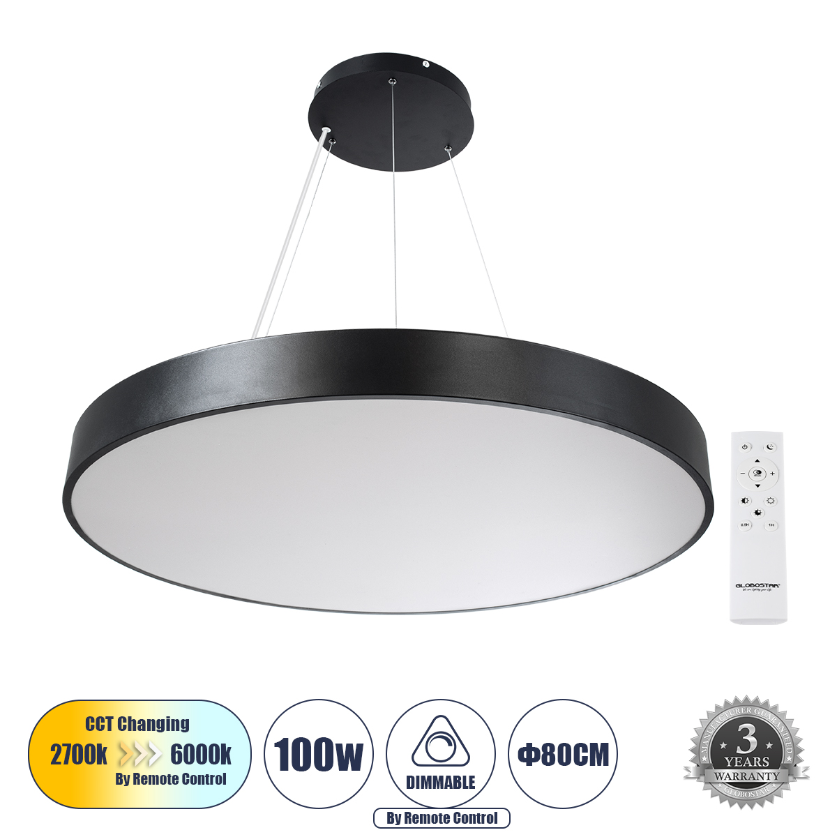 61204 GloboStar® BURTON 61204-P Κρεμαστή Πλαφονιέρα Οροφής LED CCT 100W 11020lm 120° AC 220-240V – Εναλλαγή Φωτισμού μέσω Τηλεχειριστηρίου All In One Ψυχρό 6000k+Φυσικό 4500k+Θερμό 2700k Dimmable Φ80cm – Μαύρο – 3 Years Warranty 61204 GloboStar® BURTON 61204-P Κρεμαστή Πλαφονιέρα Οροφής LED CCT 100W 11020lm 120° AC 220-240V – Εναλλαγή Φωτισμού μέσω Τηλεχειριστηρίου All In One Ψυχρό 6000k+Φυσικό 4500k+Θερμό 2700k Dimmable Φ80cm – Μαύρο – 3 Years Warranty