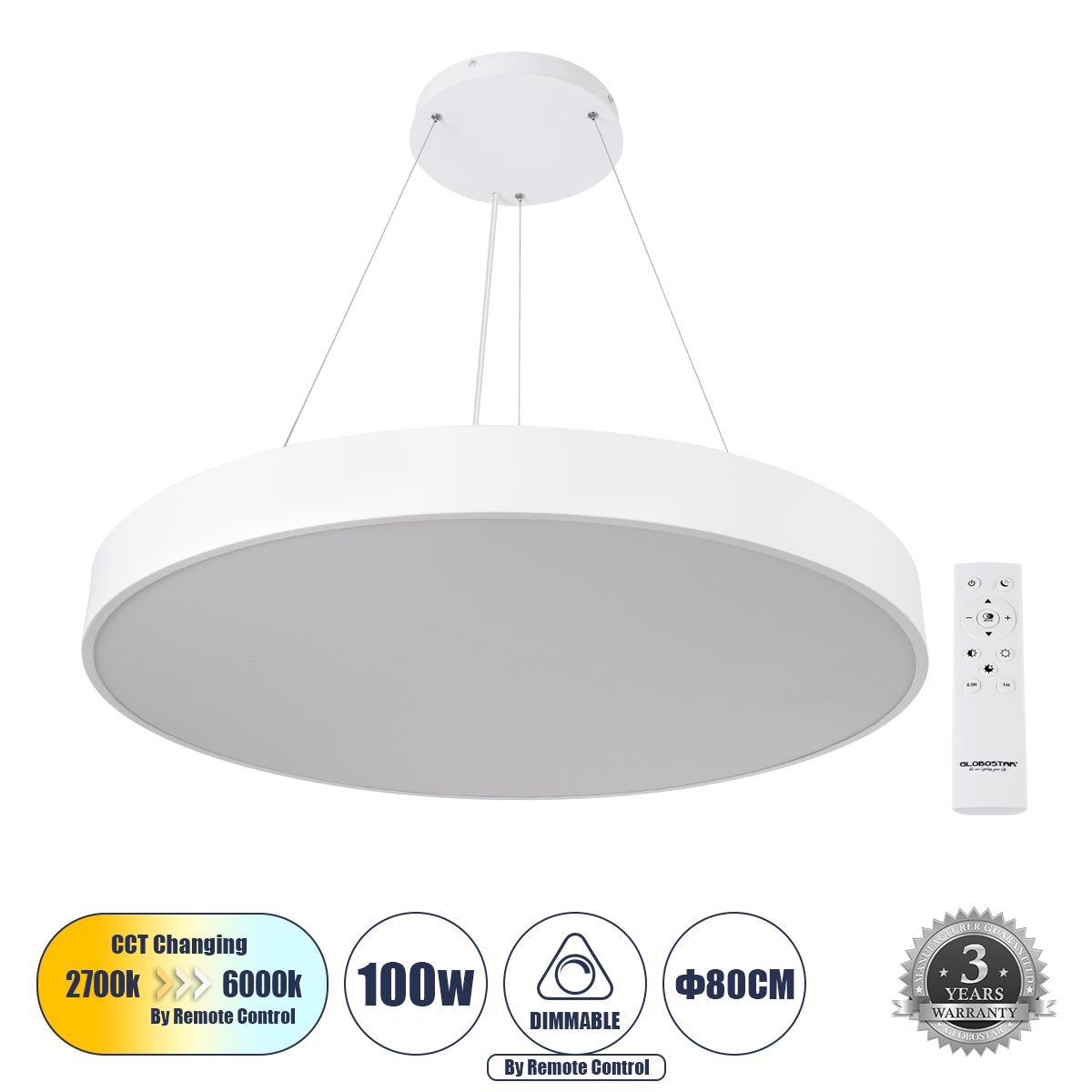 61205 GloboStar® BURTON 61205-P Κρεμαστή Πλαφονιέρα Οροφής LED CCT 100W 11020lm 120° AC 220-240V – Εναλλαγή Φωτισμού μέσω Τηλεχειριστηρίου All In One Ψυχρό 6000k+Φυσικό 4500k+Θερμό 2700k Dimmable Φ80cm – Λευκό – 3 Years Warranty 61205 GloboStar® BURTON 61205-P Κρεμαστή Πλαφονιέρα Οροφής LED CCT 100W 11020lm 120° AC 220-240V – Εναλλαγή Φωτισμού μέσω Τηλεχειριστηρίου All In One Ψυχρό 6000k+Φυσικό 4500k+Θερμό 2700k Dimmable Φ80cm – Λευκό – 3 Years Warranty