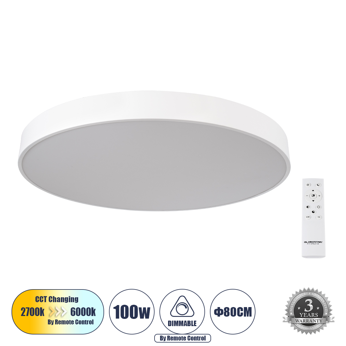 61205-1 GloboStar®  BURTON 61205-S Πλαφονιέρα Οροφής LED CCT 100W 11020lm 120° AC 220-240V – Εναλλαγή Φωτισμού μέσω Τηλεχειριστηρίου All In One Ψυχρό 6000k+Φυσικό 4500k+Θερμό 2700k Dimmable Φ80cm – Λευκό – 3 Years Warranty