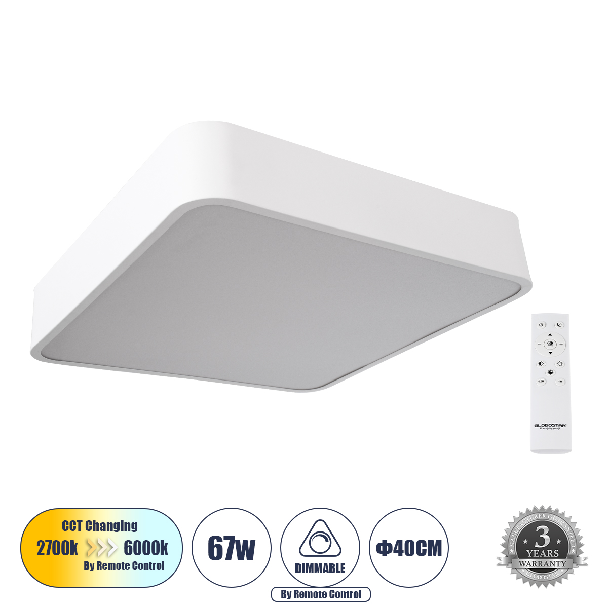 61207-1 GloboStar® GLOBOSTAR® KAMALA 61207-S Μοντέρνο Φωτιστικό Οροφής LED 67W 7370lm 120° AC 220-240V IP20 Ρυθμιζόμενο Λευκό CCT με Χειριστήριο από 2700K έως 6000K Dimmable - Lumileds SMD Chip - Λευκό Ματ - Μ40 x Π40 x Υ8cm - 3 Χρόνια Εγγύηση