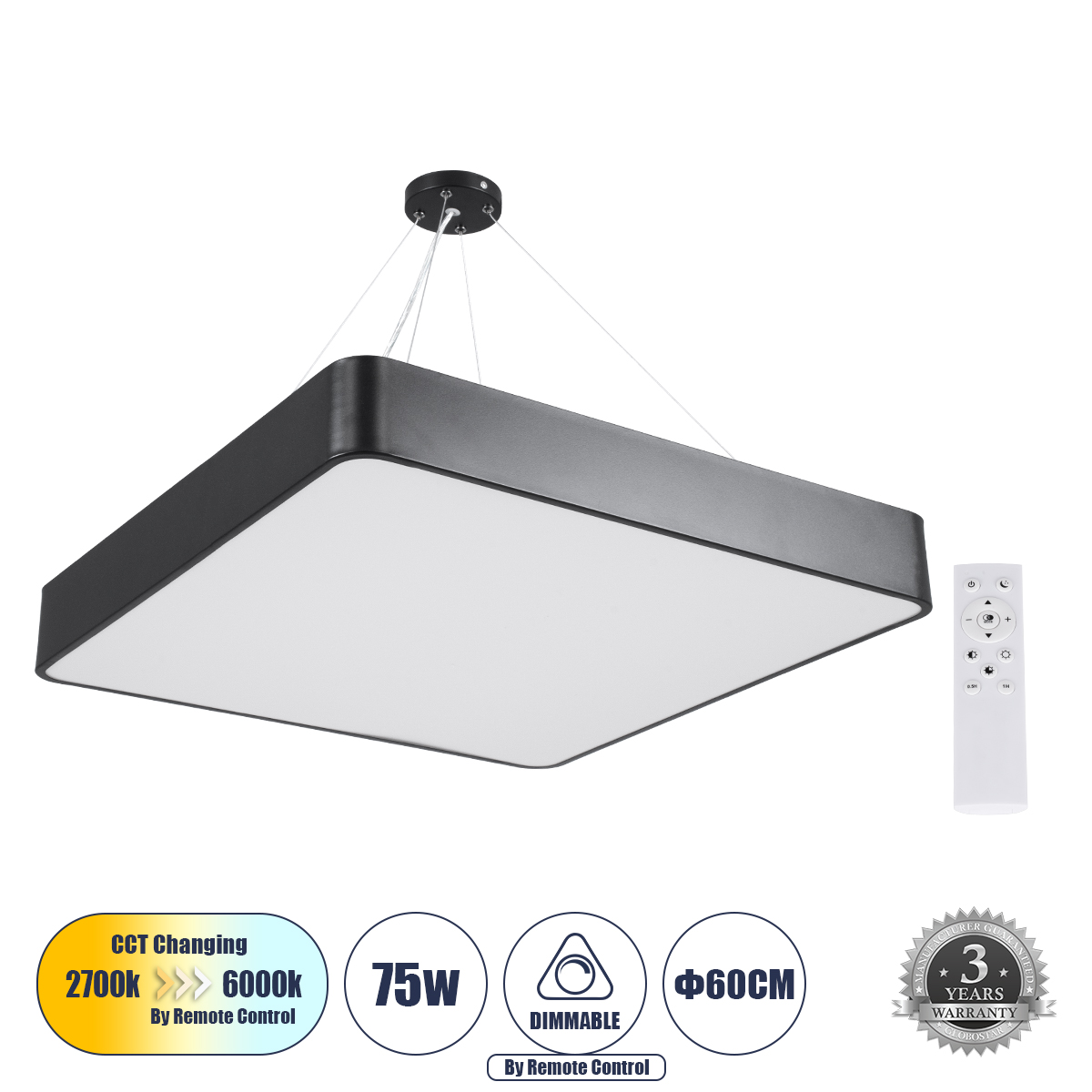 61208 GloboStar® KAMALA 61208-P Κρεμαστή Πλαφονιέρα Οροφής LED CCT 75W 8625lm 120° AC 220-240V – Εναλλαγή Φωτισμού μέσω Τηλεχειριστηρίου All In One Ψυχρό 6000k+Φυσικό 4500k+Θερμό 2700k Dimmable Μ60 x Π60 x Υ8cm – Μαύρο – 3 Years Warranty 61208 GloboStar® KAMALA 61208-P Κρεμαστή Πλαφονιέρα Οροφής LED CCT 75W 8625lm 120° AC 220-240V – Εναλλαγή Φωτισμού μέσω Τηλεχειριστηρίου All In One Ψυχρό 6000k+Φυσικό 4500k+Θερμό 2700k Dimmable Μ60 x Π60 x Υ8cm – Μαύρο – 3 Years Warranty