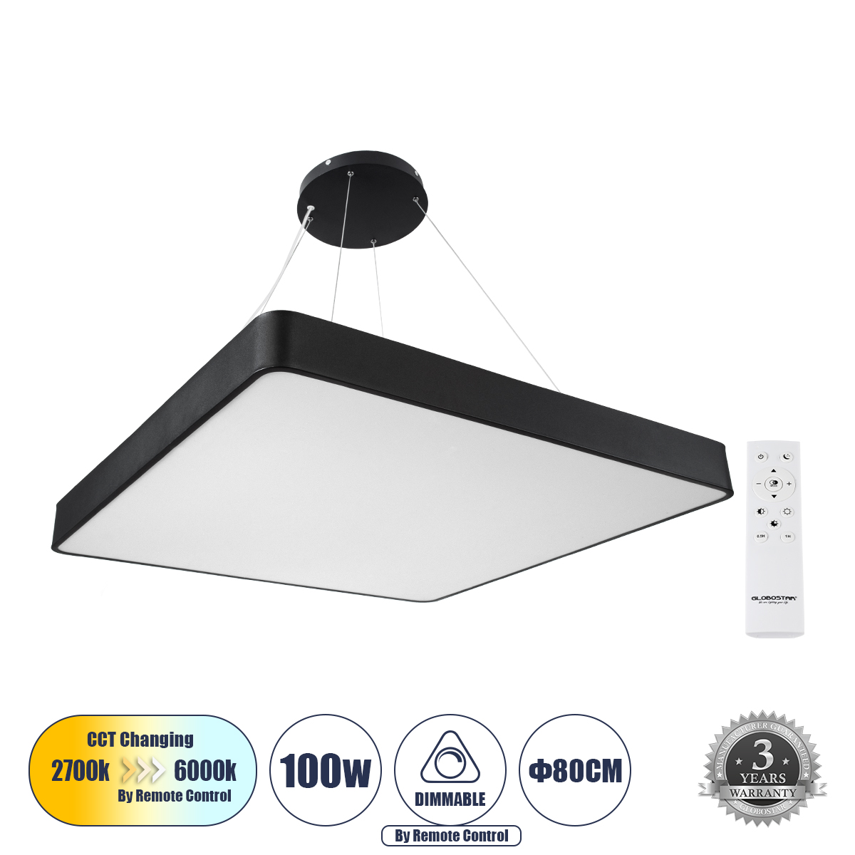 61210 GloboStar® KAMALA 61210-P Κρεμαστή Πλαφονιέρα Οροφής LED CCT 100W 11020lm 120° AC 220-240V – Εναλλαγή Φωτισμού μέσω Τηλεχειριστηρίου All In One Ψυχρό 6000k+Φυσικό 4500k+Θερμό 2700k Dimmable Μ80 x Π80 x Υ8cm- Μαύρο – 3 Years Warranty 61210 GloboStar® KAMALA 61210-P Κρεμαστή Πλαφονιέρα Οροφής LED CCT 100W 11020lm 120° AC 220-240V – Εναλλαγή Φωτισμού μέσω Τηλεχειριστηρίου All In One Ψυχρό 6000k+Φυσικό 4500k+Θερμό 2700k Dimmable Μ80 x Π80 x Υ8cm- Μαύρο – 3 Years Warranty