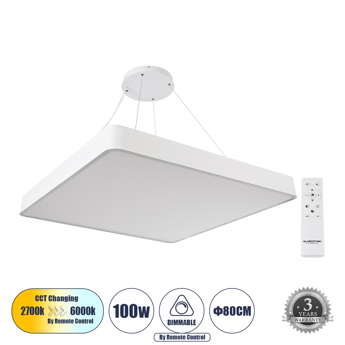 61211 GloboStar® KAMALA 61211-P Κρεμαστή Πλαφονιέρα Οροφής LED CCT 100W 11020lm 120° AC 220-240V – Εναλλαγή Φωτισμού μέσω Τηλεχειριστηρίου All In One Ψυχρό 6000k+Φυσικό 4500k+Θερμό 2700k Dimmable Μ80 x Π80 x Υ8cm – Λευκό – 3 Years Warranty 61211 GloboStar® KAMALA 61211-P Κρεμαστή Πλαφονιέρα Οροφής LED CCT 100W 11020lm 120° AC 220-240V – Εναλλαγή Φωτισμού μέσω Τηλεχειριστηρίου All In One Ψυχρό 6000k+Φυσικό 4500k+Θερμό 2700k Dimmable Μ80 x Π80 x Υ8cm – Λευκό – 3 Years Warranty