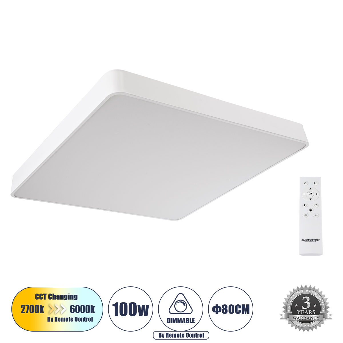 61211-1 GloboStar® KAMALA 61211-S Πλαφονιέρα Οροφής LED CCT 100W 11020lm 120° AC 220-240V – Εναλλαγή Φωτισμού μέσω Τηλεχειριστηρίου All In One Ψυχρό 6000k+Φυσικό 4500k+Θερμό 2700k Dimmable Μ80 x Π80 x Υ8cm – Λευκό – 3 Years Warranty 61211-1 GloboStar® KAMALA 61211-S Πλαφονιέρα Οροφής LED CCT 100W 11020lm 120° AC 220-240V – Εναλλαγή Φωτισμού μέσω Τηλεχειριστηρίου All In One Ψυχρό 6000k+Φυσικό 4500k+Θερμό 2700k Dimmable Μ80 x Π80 x Υ8cm – Λευκό – 3 Years Warranty