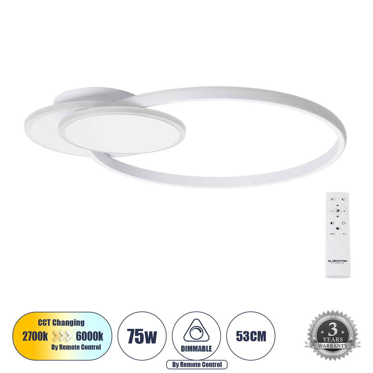 61230 GloboStar® GLOBOSTAR® CIRCUO 61230 Μοντέρνο Φωτιστικό Οροφής LED 75W 8400lm 360° AC 220-240V IP20 Ρυθμιζόμενο Λευκό CCT με Χειριστήριο από 2700K έως 6000K Dimmable - Lumileds SMD Chip - Λευκό Ματ - Μ53 x Π42.5 x Υ9cm - 3 Χρόνια Εγγύηση