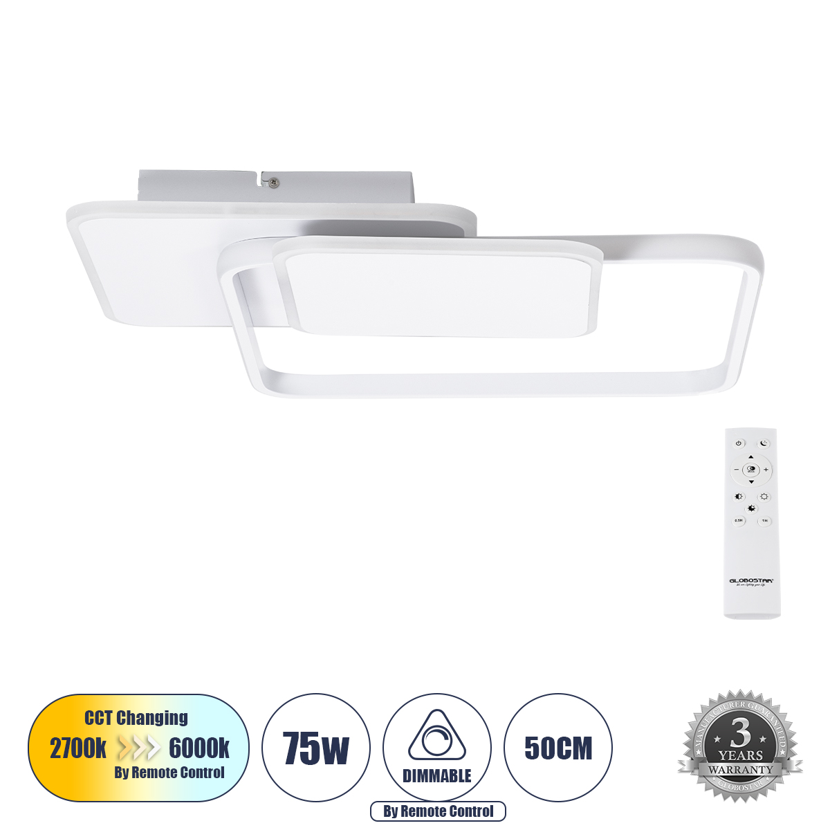 61232 GloboStar® SQUARO 61232 Φωτιστικό Οροφής Δαχτυλίδι-Κύκλος LED CCT 75W 8400lm 360° AC 220-240V – Εναλλαγή Φωτισμού μέσω Τηλεχειριστηρίου All In One Ψυχρό 6000k+Φυσικό 4500k+Θερμό 2700k Dimmable Μ48.5 x Π51 x Υ9cm – Λευκό – 3 Years Warranty 61232 GloboStar® SQUARO 61232 Φωτιστικό Οροφής Δαχτυλίδι-Κύκλος LED CCT 75W 8400lm 360° AC 220-240V – Εναλλαγή Φωτισμού μέσω Τηλεχειριστηρίου All In One Ψυχρό 6000k+Φυσικό 4500k+Θερμό 2700k Dimmable Μ48.5 x Π51 x Υ9cm – Λευκό – 3 Years Warranty