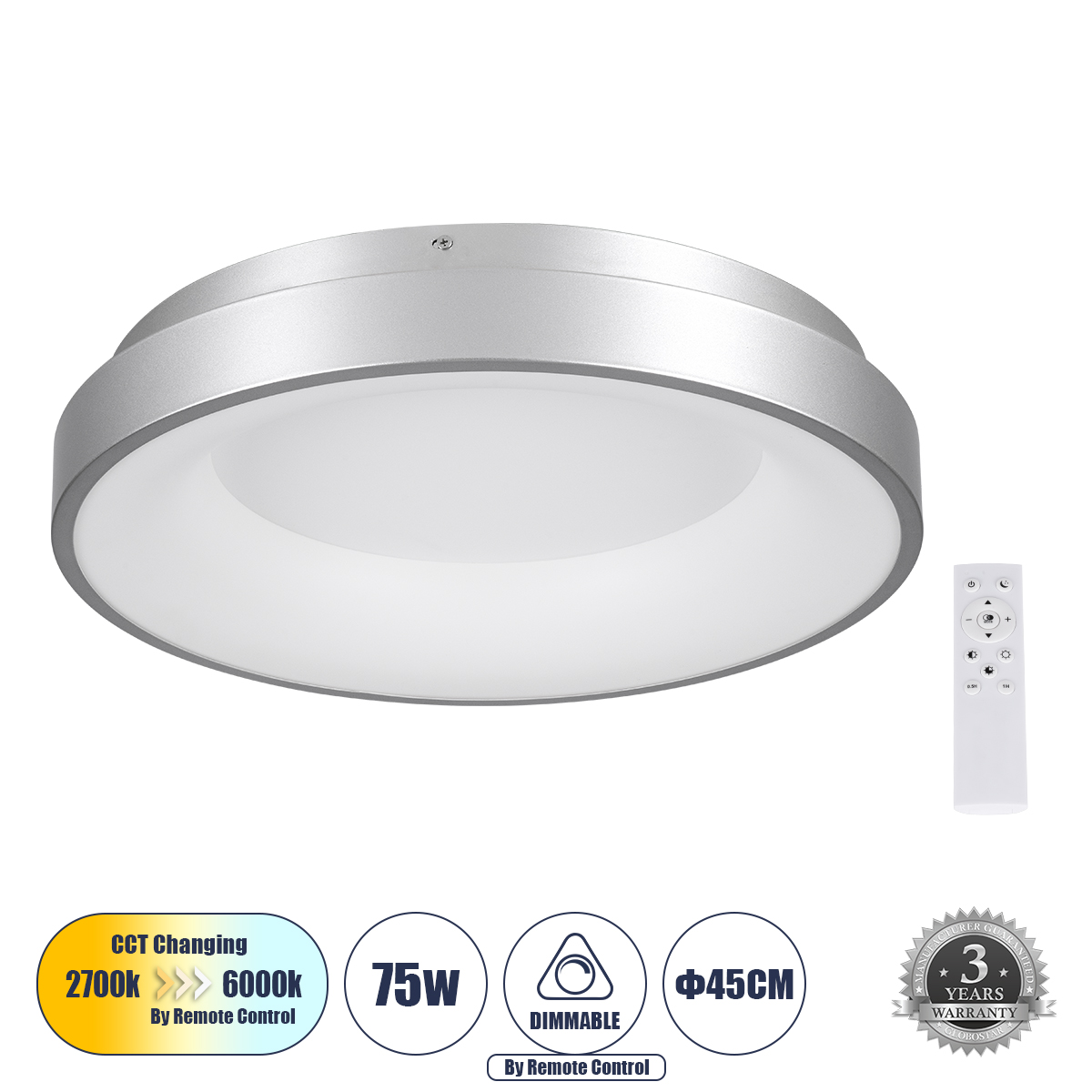 61234 GloboStar® GLOBOSTAR® SALEM 61234 Μοντέρνο Φωτιστικό Οροφής LED 75W 8625lm 120° AC 220-240V IP20 Ρυθμιζόμενο Λευκό CCT με Χειριστήριο από 2700K έως 6000K Dimmable - Lumileds SMD Chip - Γκρι - Μ45 x Π45 x Υ9.5cm - 3 Χρόνια Εγγύηση