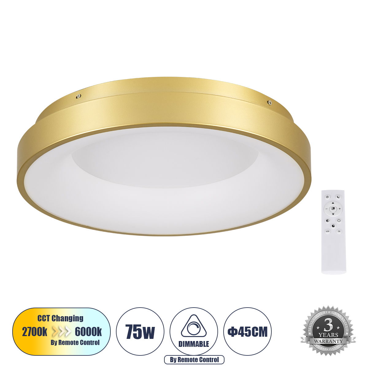 61235 GloboStar® GLOBOSTAR® SALEM 61235 Μοντέρνο Φωτιστικό Οροφής LED 75W 8625lm 120° AC 220-240V IP20 Ρυθμιζόμενο Λευκό CCT με Χειριστήριο από 2700K έως 6000K Dimmable - Lumileds SMD Chip - Χρυσό - Μ45 x Π45 x Υ9.5cm - 3 Χρόνια Εγγύηση