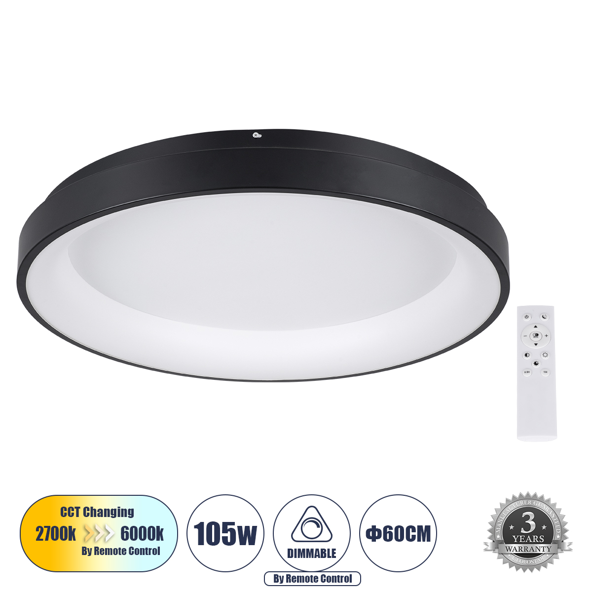 61237 GloboStar®  SALEM 61237 Πλαφονιέρα Οροφής Δαχτυλίδι-Κύκλος LED CCT 105W 12075lm 120° AC 220-240V – Εναλλαγή Φωτισμού μέσω Τηλεχειριστηρίου All In One Ψυχρό 6000k+Φυσικό 4500k+Θερμό 2700k Dimmable Φ60cm – Μαύρο – 3 Years Warranty