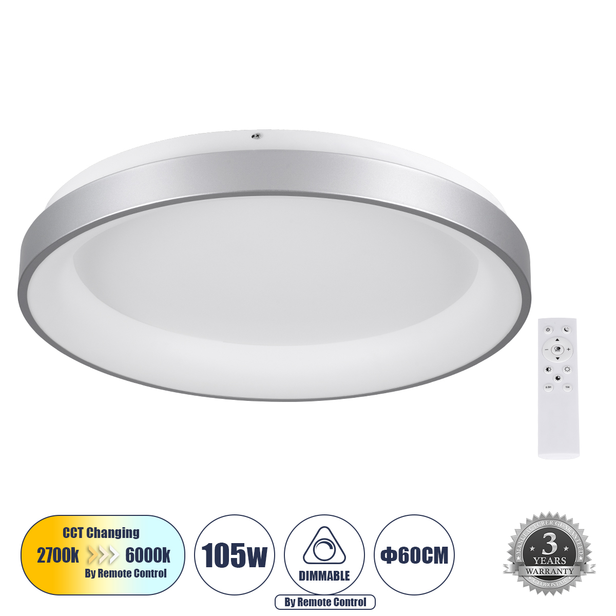 61238 GloboStar® SALEM 61238 Πλαφονιέρα Οροφής Δαχτυλίδι-Κύκλος LED CCT 105W 12075lm 120° AC 220-240V – Εναλλαγή Φωτισμού μέσω Τηλεχειριστηρίου All In One Ψυχρό 6000k+Φυσικό 4500k+Θερμό 2700k Dimmable Φ60cm – Ασημί – 3 Years Warranty 61238 GloboStar® SALEM 61238 Πλαφονιέρα Οροφής Δαχτυλίδι-Κύκλος LED CCT 105W 12075lm 120° AC 220-240V – Εναλλαγή Φωτισμού μέσω Τηλεχειριστηρίου All In One Ψυχρό 6000k+Φυσικό 4500k+Θερμό 2700k Dimmable Φ60cm – Ασημί – 3 Years Warranty