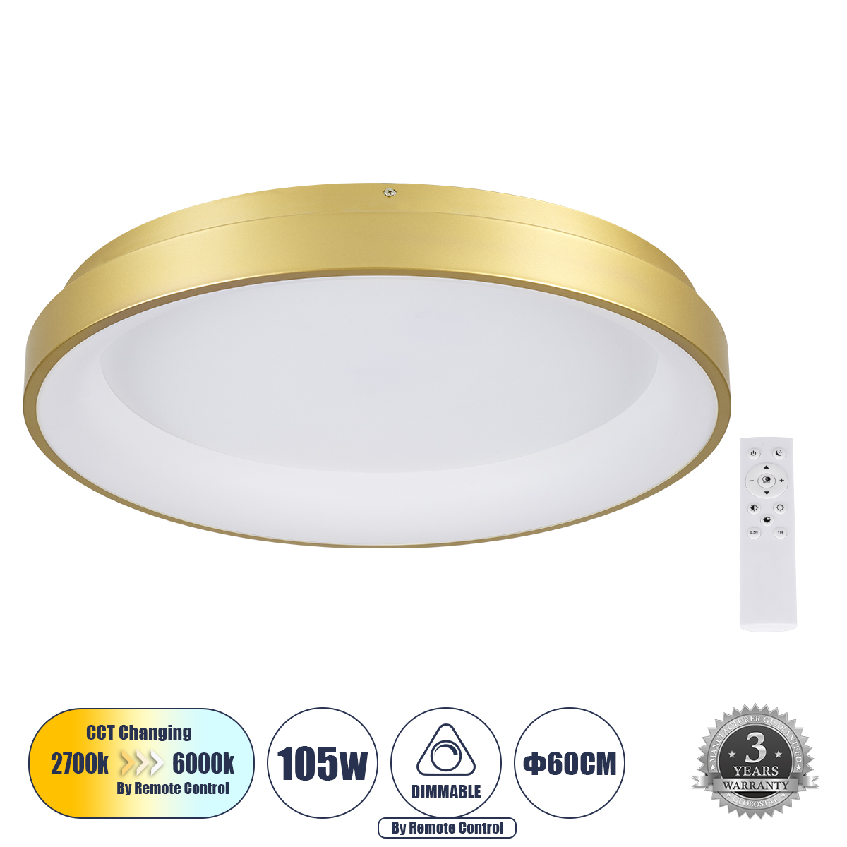 61239 GloboStar® SALEM 61239 Πλαφονιέρα Οροφής Δαχτυλίδι-Κύκλος LED CCT 105W 12075lm 120° AC 220-240V – Εναλλαγή Φωτισμού μέσω Τηλεχειριστηρίου All In One Ψυχρό 6000k+Φυσικό 4500k+Θερμό 2700k Dimmable Φ60cm – Χρυσό Σαμπανιζέ – 3 Years Warranty 61239 GloboStar® SALEM 61239 Πλαφονιέρα Οροφής Δαχτυλίδι-Κύκλος LED CCT 105W 12075lm 120° AC 220-240V – Εναλλαγή Φωτισμού μέσω Τηλεχειριστηρίου All In One Ψυχρό 6000k+Φυσικό 4500k+Θερμό 2700k Dimmable Φ60cm – Χρυσό Σαμπανιζέ – 3 Years Warranty