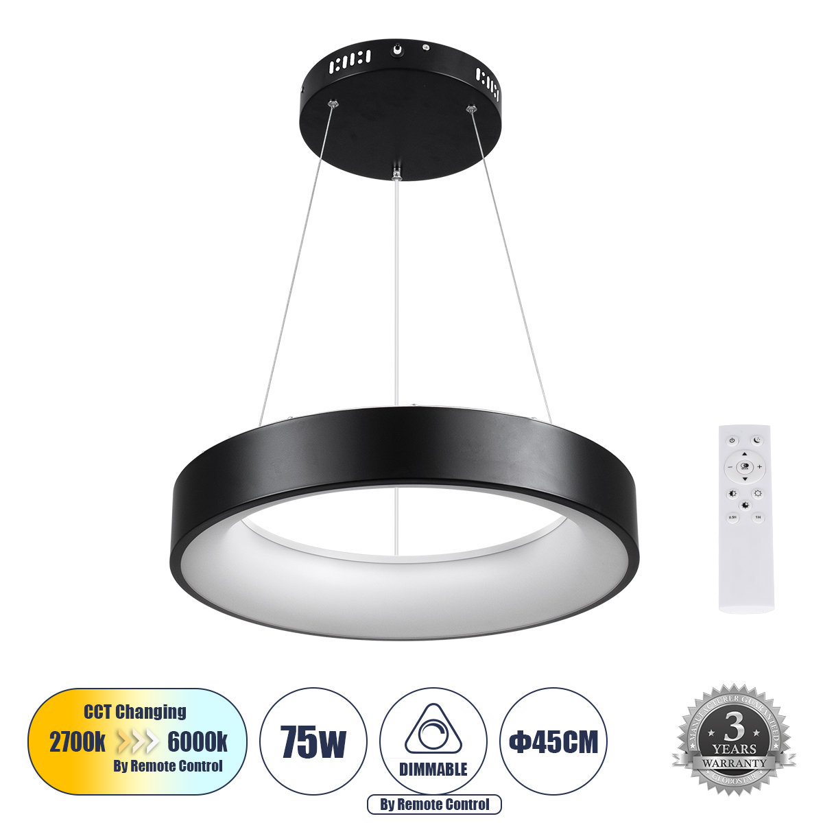 61241 GloboStar® SALEM 61241 Κρεμαστή Πλαφονιέρα Οροφής Δαχτυλίδι-Κύκλος LED CCT 75W 8625lm 120° AC 220-240V – Εναλλαγή Φωτισμού μέσω Τηλεχειριστηρίου All In One Ψυχρό 6000k+Φυσικό 4500k+Θερμό 2700k Dimmable Φ45cm – Μαύρο – 3 Years Warranty 61241 GloboStar® SALEM 61241 Κρεμαστή Πλαφονιέρα Οροφής Δαχτυλίδι-Κύκλος LED CCT 75W 8625lm 120° AC 220-240V – Εναλλαγή Φωτισμού μέσω Τηλεχειριστηρίου All In One Ψυχρό 6000k+Φυσικό 4500k+Θερμό 2700k Dimmable Φ45cm – Μαύρο – 3 Years Warranty
