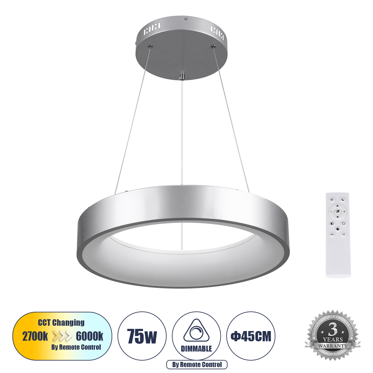 61242 GloboStar® SALEM 61242 Κρεμαστή Πλαφονιέρα Οροφής Δαχτυλίδι-Κύκλος LED CCT 75W 8625lm 120° AC 220-240V – Εναλλαγή Φωτισμού μέσω Τηλεχειριστηρίου All In One Ψυχρό 6000k+Φυσικό 4500k+Θερμό 2700k Dimmable Φ45cm – Ασημί – 3 Years Warranty 61242 GloboStar® SALEM 61242 Κρεμαστή Πλαφονιέρα Οροφής Δαχτυλίδι-Κύκλος LED CCT 75W 8625lm 120° AC 220-240V – Εναλλαγή Φωτισμού μέσω Τηλεχειριστηρίου All In One Ψυχρό 6000k+Φυσικό 4500k+Θερμό 2700k Dimmable Φ45cm – Ασημί – 3 Years Warranty