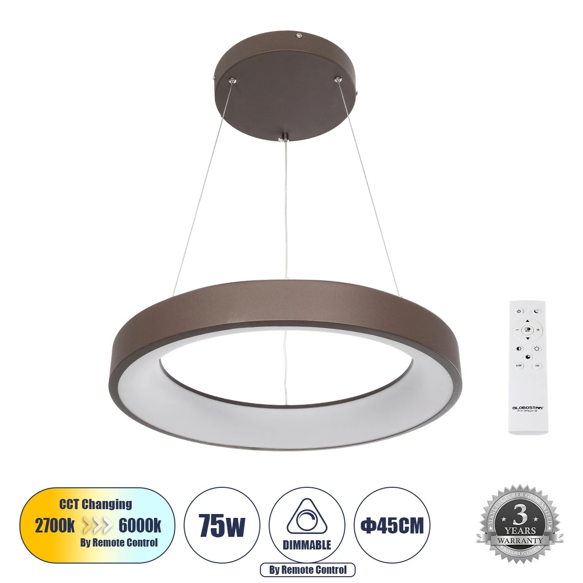 61244 GloboStar® SALEM 61244 Κρεμαστή Πλαφονιέρα Οροφής Δαχτυλίδι-Κύκλος LED CCT 75W 8625lm 120° AC 220-240V – Εναλλαγή Φωτισμού μέσω Τηλεχειριστηρίου All In One Ψυχρό 6000k+Φυσικό 4500k+Θερμό 2700k Dimmable Φ45cm – Καφέ & Χάλκινο – 3 Years Warranty 61244 GloboStar® SALEM 61244 Κρεμαστή Πλαφονιέρα Οροφής Δαχτυλίδι-Κύκλος LED CCT 75W 8625lm 120° AC 220-240V – Εναλλαγή Φωτισμού μέσω Τηλεχειριστηρίου All In One Ψυχρό 6000k+Φυσικό 4500k+Θερμό 2700k Dimmable Φ45cm – Καφέ & Χάλκινο – 3 Years Warranty