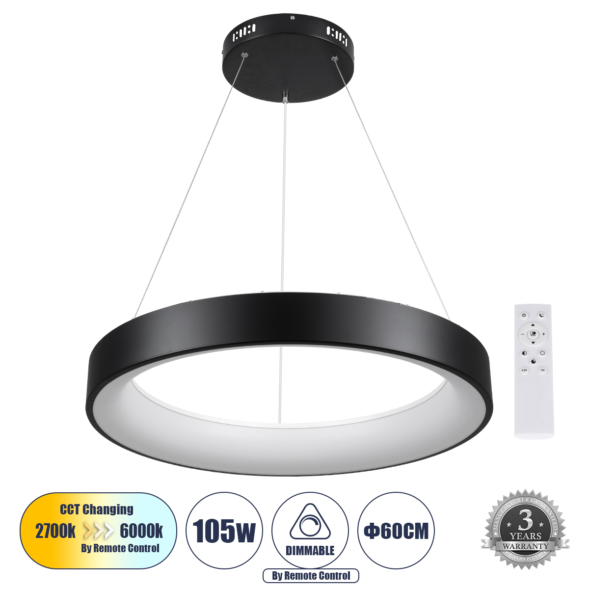61245 GloboStar® SALEM 61245 Κρεμαστή Πλαφονιέρα Οροφής Δαχτυλίδι-Κύκλος LED CCT 105W 12075lm 120° AC 220-240V – Εναλλαγή Φωτισμού μέσω Τηλεχειριστηρίου All In One Ψυχρό 6000k+Φυσικό 4500k+Θερμό 2700k Dimmable Φ60cm – Μαύρο – 3 Years Warranty 61245 GloboStar® SALEM 61245 Κρεμαστή Πλαφονιέρα Οροφής Δαχτυλίδι-Κύκλος LED CCT 105W 12075lm 120° AC 220-240V – Εναλλαγή Φωτισμού μέσω Τηλεχειριστηρίου All In One Ψυχρό 6000k+Φυσικό 4500k+Θερμό 2700k Dimmable Φ60cm – Μαύρο – 3 Years Warranty