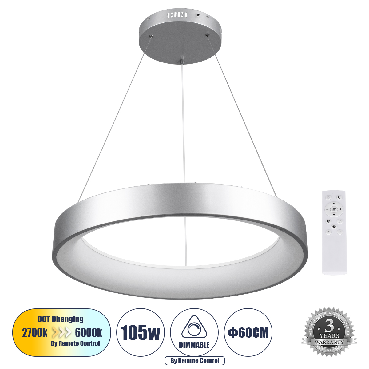 61246 GloboStar® SALEM 61246 Κρεμαστή Πλαφονιέρα Οροφής Δαχτυλίδι-Κύκλος LED CCT 105W 12075lm 120° AC 220-240V – Εναλλαγή Φωτισμού μέσω Τηλεχειριστηρίου All In One Ψυχρό 6000k+Φυσικό 4500k+Θερμό 2700k Dimmable Φ60cm – Ασημί – 3 Years Warranty 61246 GloboStar® SALEM 61246 Κρεμαστή Πλαφονιέρα Οροφής Δαχτυλίδι-Κύκλος LED CCT 105W 12075lm 120° AC 220-240V – Εναλλαγή Φωτισμού μέσω Τηλεχειριστηρίου All In One Ψυχρό 6000k+Φυσικό 4500k+Θερμό 2700k Dimmable Φ60cm – Ασημί – 3 Years Warranty