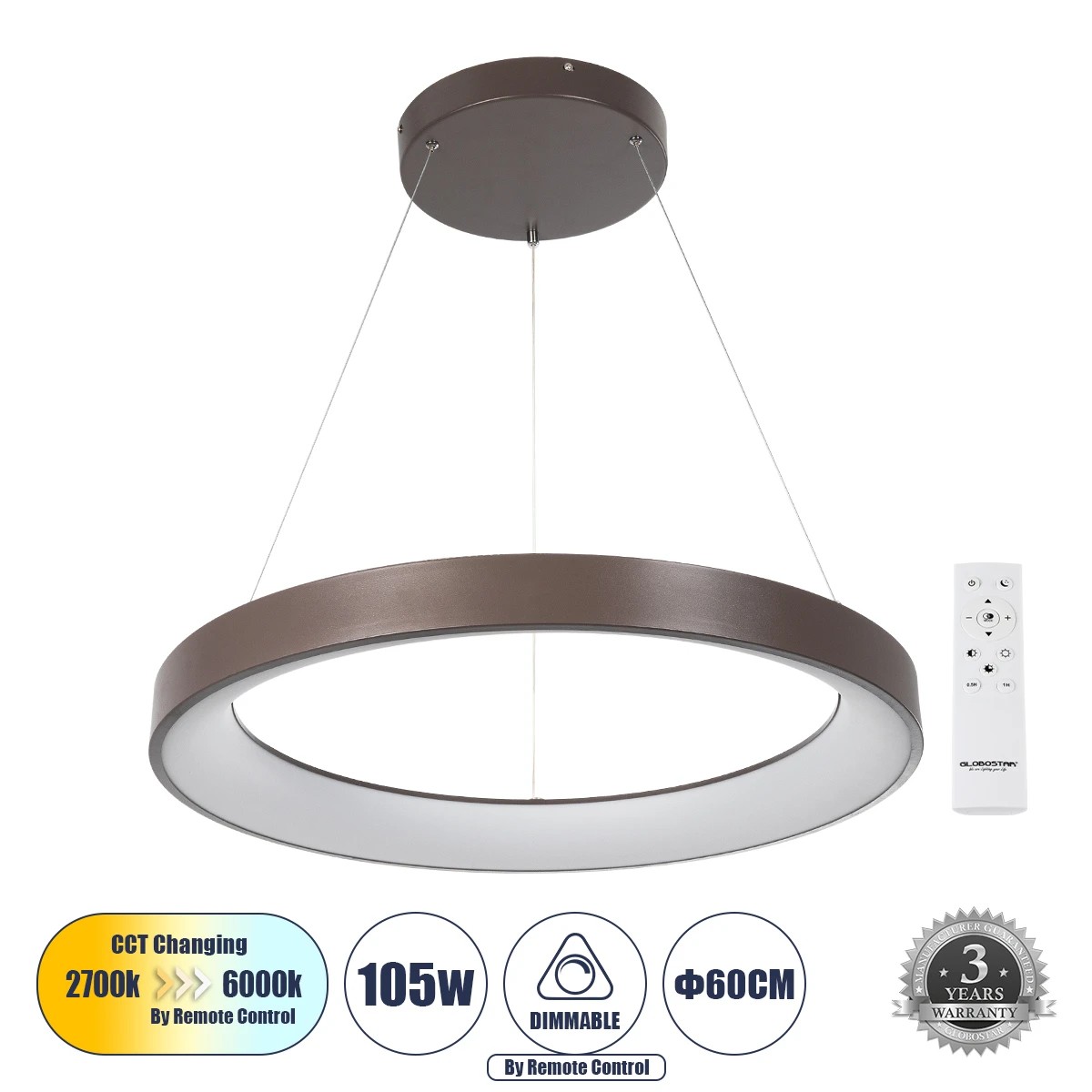 61248 GloboStar® SALEM 61248 Κρεμαστή Πλαφονιέρα Οροφής Δαχτυλίδι-Κύκλος LED CCT 105W 12075lm 120° AC 220-240V – Εναλλαγή Φωτισμού μέσω Τηλεχειριστηρίου All In One Ψυχρό 6000k+Φυσικό 4500k+Θερμό 2700k Dimmable Φ60cm – Καφέ & Χάλκινο – 3 Years Warranty 61248 GloboStar® SALEM 61248 Κρεμαστή Πλαφονιέρα Οροφής Δαχτυλίδι-Κύκλος LED CCT 105W 12075lm 120° AC 220-240V – Εναλλαγή Φωτισμού μέσω Τηλεχειριστηρίου All In One Ψυχρό 6000k+Φυσικό 4500k+Θερμό 2700k Dimmable Φ60cm – Καφέ & Χάλκινο – 3 Years Warranty