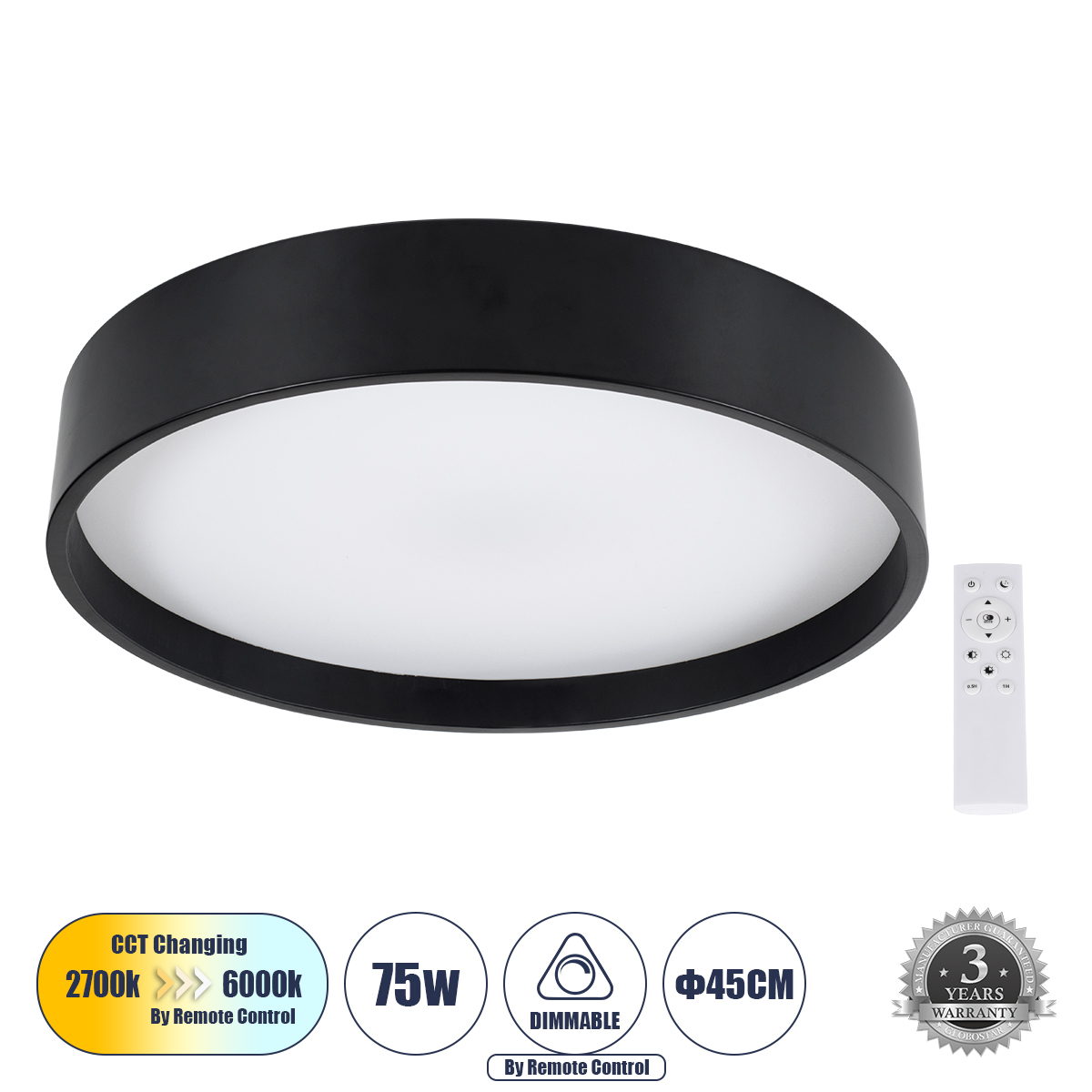 61257 GloboStar® NARNIA 61257 Πλαφονιέρα Οροφής LED CCT 75W 8625lm 120° AC 220-240V – Εναλλαγή Φωτισμού μέσω Τηλεχειριστηρίου All In One Ψυχρό 6000k+Φυσικό 4500k+Θερμό 2700k Dimmable Φ45 x Υ8cm – Μαύρο – 3 Years Warranty 61257 GloboStar® NARNIA 61257 Πλαφονιέρα Οροφής LED CCT 75W 8625lm 120° AC 220-240V – Εναλλαγή Φωτισμού μέσω Τηλεχειριστηρίου All In One Ψυχρό 6000k+Φυσικό 4500k+Θερμό 2700k Dimmable Φ45 x Υ8cm – Μαύρο – 3 Years Warranty