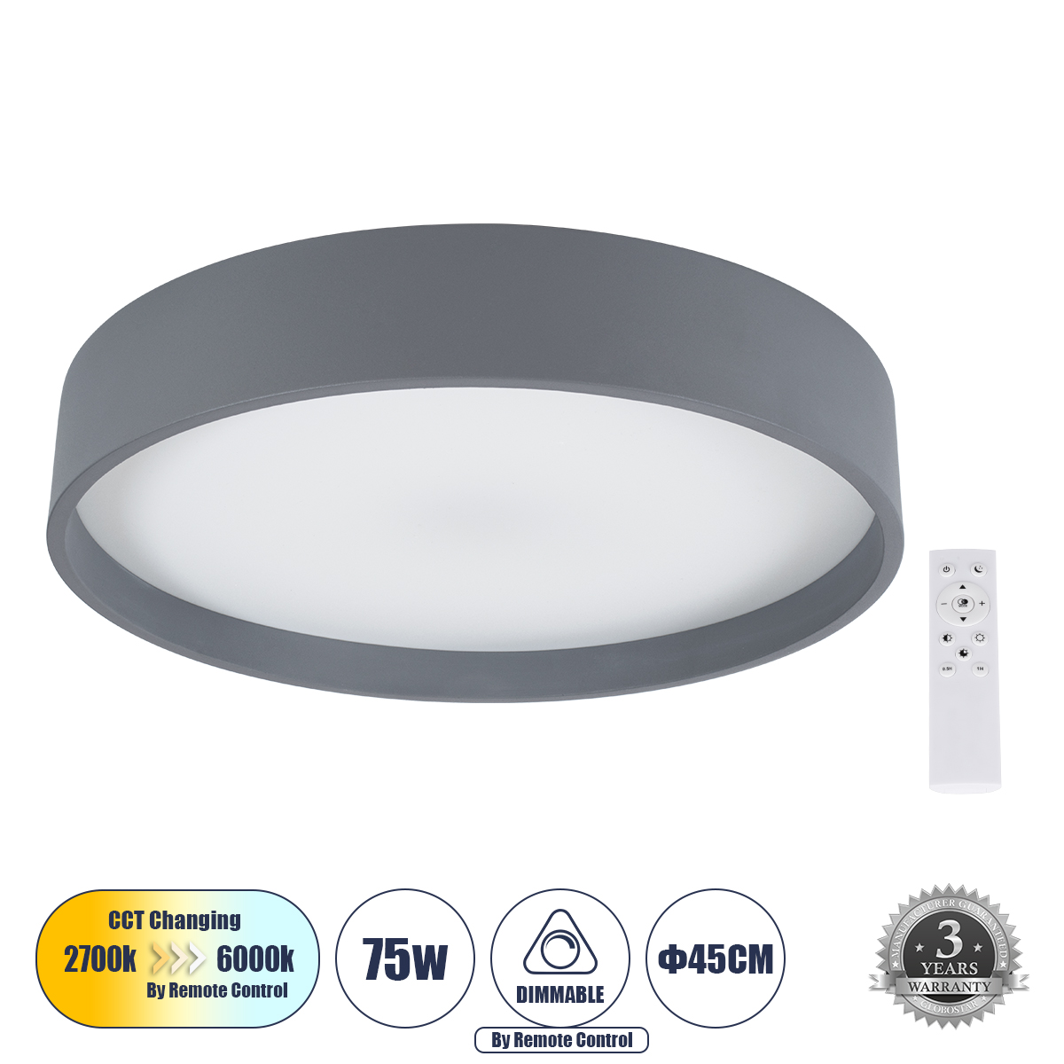 61258 GloboStar® GLOBOSTAR® NARNIA 61258 Μοντέρνο Φωτιστικό Οροφής LED 75W 8625lm 120° AC 220-240V IP20 Ρυθμιζόμενο Λευκό CCT με Χειριστήριο από 2700K έως 6000K Dimmable - Lumileds SMD Chip - Γκρι Ανθρακί Ματ - Μ45 x Π45 x Υ8cm - 3 Χρόνια Εγγύηση