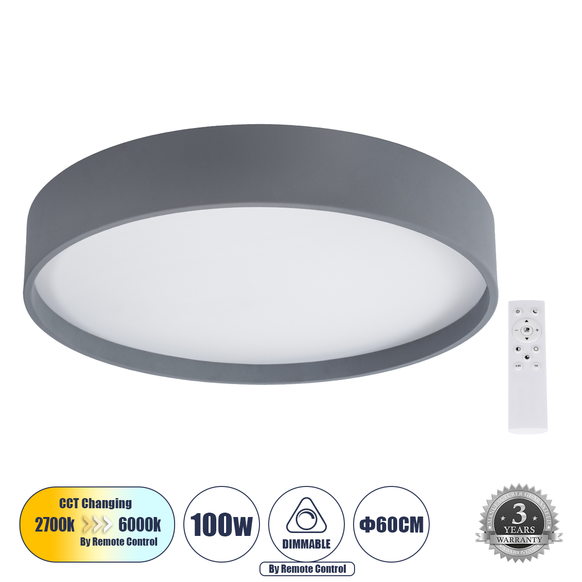 61260 GloboStar® NARNIA 61260 Πλαφονιέρα Οροφής LED CCT 100W 11500lm 120° AC 220-240V – Εναλλαγή Φωτισμού μέσω Τηλεχειριστηρίου All In One Ψυχρό 6000k+Φυσικό 4500k+Θερμό 2700k Dimmable Φ60 x Υ10cm – Γκρι Ανθρακί – 3 Years Warranty 61260 GloboStar® NARNIA 61260 Πλαφονιέρα Οροφής LED CCT 100W 11500lm 120° AC 220-240V – Εναλλαγή Φωτισμού μέσω Τηλεχειριστηρίου All In One Ψυχρό 6000k+Φυσικό 4500k+Θερμό 2700k Dimmable Φ60 x Υ10cm – Γκρι Ανθρακί – 3 Years Warranty