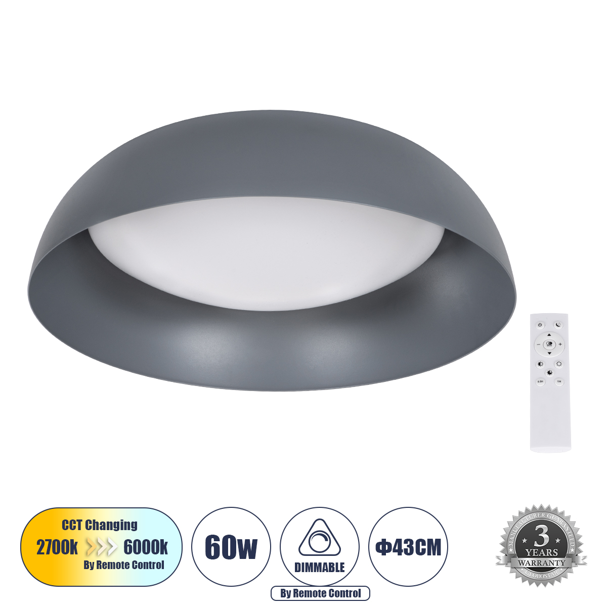 61262 GloboStar® ANATOLIA 61262 Πλαφονιέρα Οροφής LED CCT 60W 6900lm 120° AC 220-240V – Εναλλαγή Φωτισμού μέσω Τηλεχειριστηρίου All In One Ψυχρό 6000k+Φυσικό 4500k+Θερμό 2700k Dimmable Φ43cm – Γκρι Ανθρακί – 3 Years Warranty 61262 GloboStar® ANATOLIA 61262 Πλαφονιέρα Οροφής LED CCT 60W 6900lm 120° AC 220-240V – Εναλλαγή Φωτισμού μέσω Τηλεχειριστηρίου All In One Ψυχρό 6000k+Φυσικό 4500k+Θερμό 2700k Dimmable Φ43cm – Γκρι Ανθρακί – 3 Years Warranty