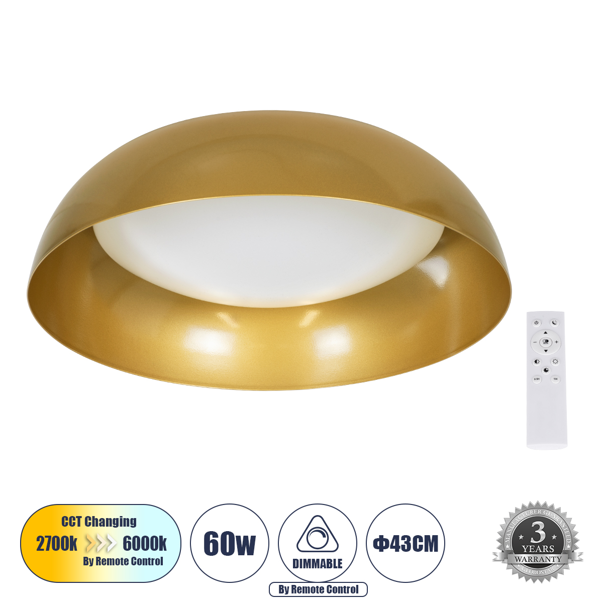 61263 GloboStar® ANATOLIA 61263 Πλαφονιέρα Οροφής LED CCT 60W 6900lm 120° AC 220-240V – Εναλλαγή Φωτισμού μέσω Τηλεχειριστηρίου All In One Ψυχρό 6000k+Φυσικό 4500k+Θερμό 2700k Dimmable Φ43cm – Χρυσό – 3 Years Warranty 61263 GloboStar® ANATOLIA 61263 Πλαφονιέρα Οροφής LED CCT 60W 6900lm 120° AC 220-240V – Εναλλαγή Φωτισμού μέσω Τηλεχειριστηρίου All In One Ψυχρό 6000k+Φυσικό 4500k+Θερμό 2700k Dimmable Φ43cm – Χρυσό – 3 Years Warranty