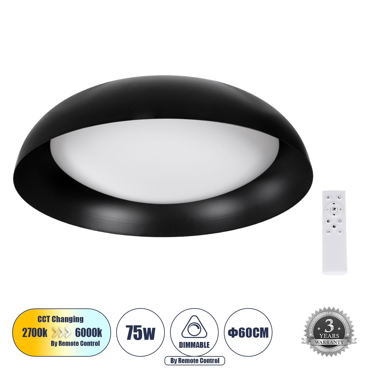 61264 GloboStar® ANATOLIA 61264 Πλαφονιέρα Οροφής LED CCT 75W 8625lm 120° AC 220-240V – Εναλλαγή Φωτισμού μέσω Τηλεχειριστηρίου All In One Ψυχρό 6000k+Φυσικό 4500k+Θερμό 2700k Dimmable Φ60cm – Μαύρο – 3 Years Warranty 61264 GloboStar® ANATOLIA 61264 Πλαφονιέρα Οροφής LED CCT 75W 8625lm 120° AC 220-240V – Εναλλαγή Φωτισμού μέσω Τηλεχειριστηρίου All In One Ψυχρό 6000k+Φυσικό 4500k+Θερμό 2700k Dimmable Φ60cm – Μαύρο – 3 Years Warranty