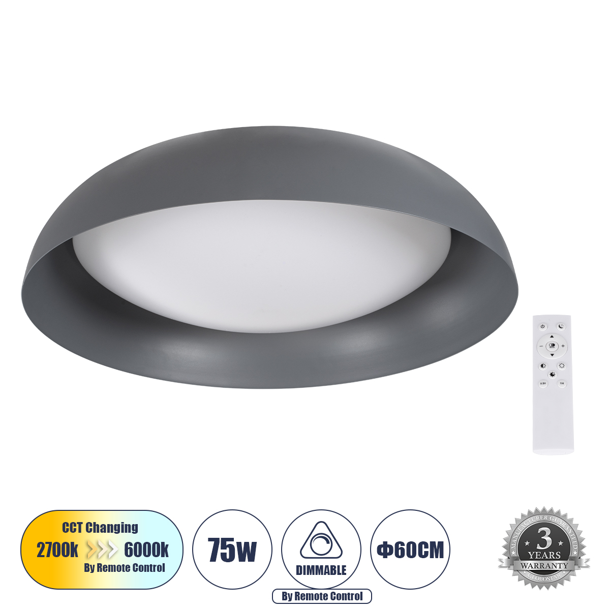 61265 GloboStar® ANATOLIA 61265 Πλαφονιέρα Οροφής LED CCT 75W 8625lm 120° AC 220-240V – Εναλλαγή Φωτισμού μέσω Τηλεχειριστηρίου All In One Ψυχρό 6000k+Φυσικό 4500k+Θερμό 2700k Dimmable Φ60cm – Γκρι Ανθρακί – 3 Years Warranty 61265 GloboStar® ANATOLIA 61265 Πλαφονιέρα Οροφής LED CCT 75W 8625lm 120° AC 220-240V – Εναλλαγή Φωτισμού μέσω Τηλεχειριστηρίου All In One Ψυχρό 6000k+Φυσικό 4500k+Θερμό 2700k Dimmable Φ60cm – Γκρι Ανθρακί – 3 Years Warranty