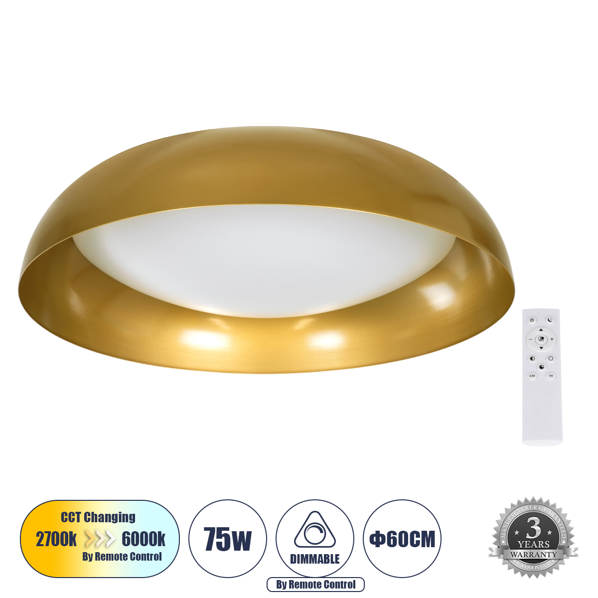 61266 GloboStar® ANATOLIA 61266 Πλαφονιέρα Οροφής LED CCT 75W 8625lm 120° AC 220-240V – Εναλλαγή Φωτισμού μέσω Τηλεχειριστηρίου All In One Ψυχρό 6000k+Φυσικό 4500k+Θερμό 2700k Dimmable Φ60cm – Χρυσό – 3 Years Warranty 61266 GloboStar® ANATOLIA 61266 Πλαφονιέρα Οροφής LED CCT 75W 8625lm 120° AC 220-240V – Εναλλαγή Φωτισμού μέσω Τηλεχειριστηρίου All In One Ψυχρό 6000k+Φυσικό 4500k+Θερμό 2700k Dimmable Φ60cm – Χρυσό – 3 Years Warranty