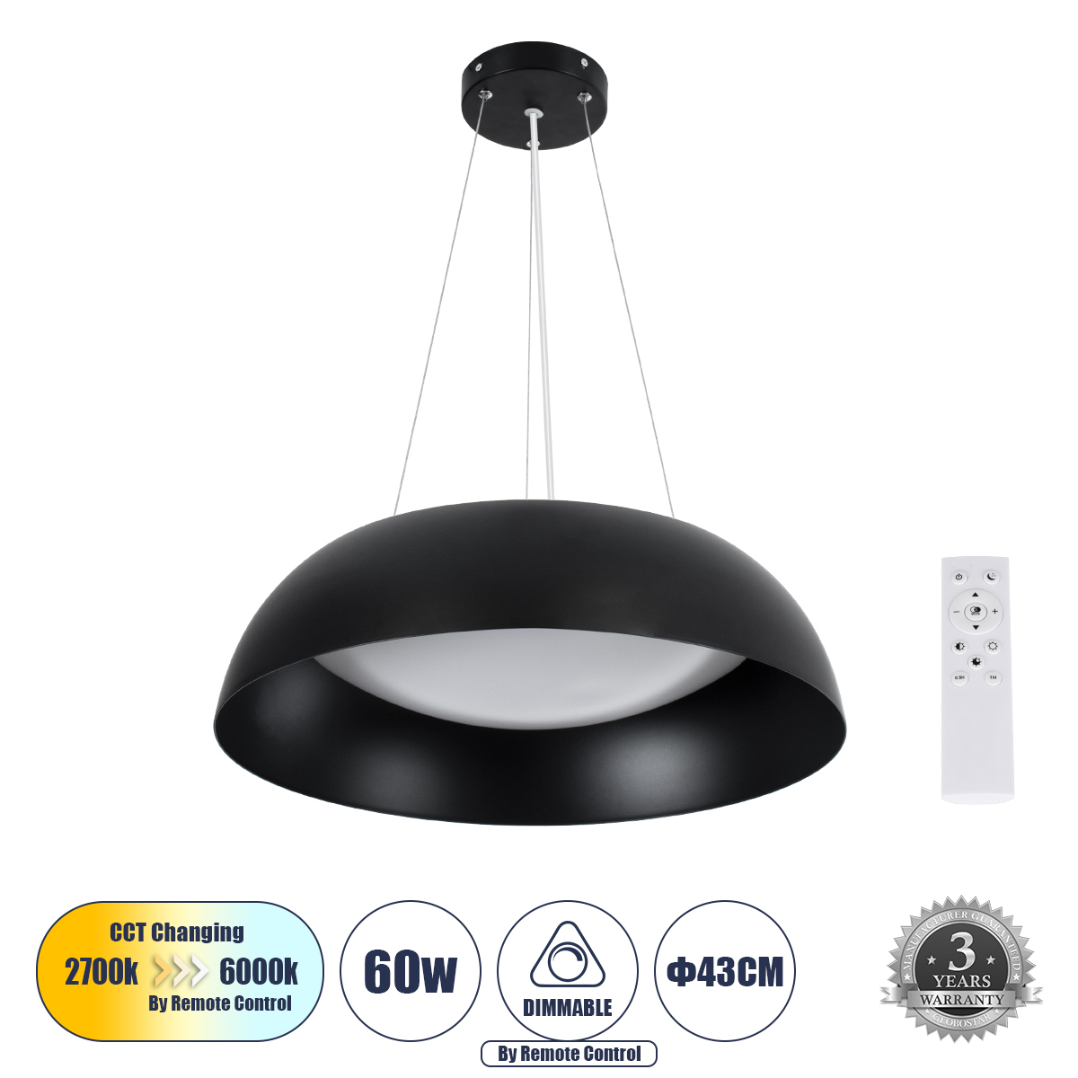61267 GloboStar® ANATOLIA 61267 Κρεμαστή Πλαφονιέρα Οροφής LED CCT 60W 6900lm 120° AC 220-240V – Εναλλαγή Φωτισμού μέσω Τηλεχειριστηρίου All In One Ψυχρό 6000k+Φυσικό 4500k+Θερμό 2700k Dimmable Φ43cm – Μαύρο – 3 Years Warranty 61267 GloboStar® ANATOLIA 61267 Κρεμαστή Πλαφονιέρα Οροφής LED CCT 60W 6900lm 120° AC 220-240V – Εναλλαγή Φωτισμού μέσω Τηλεχειριστηρίου All In One Ψυχρό 6000k+Φυσικό 4500k+Θερμό 2700k Dimmable Φ43cm – Μαύρο – 3 Years Warranty
