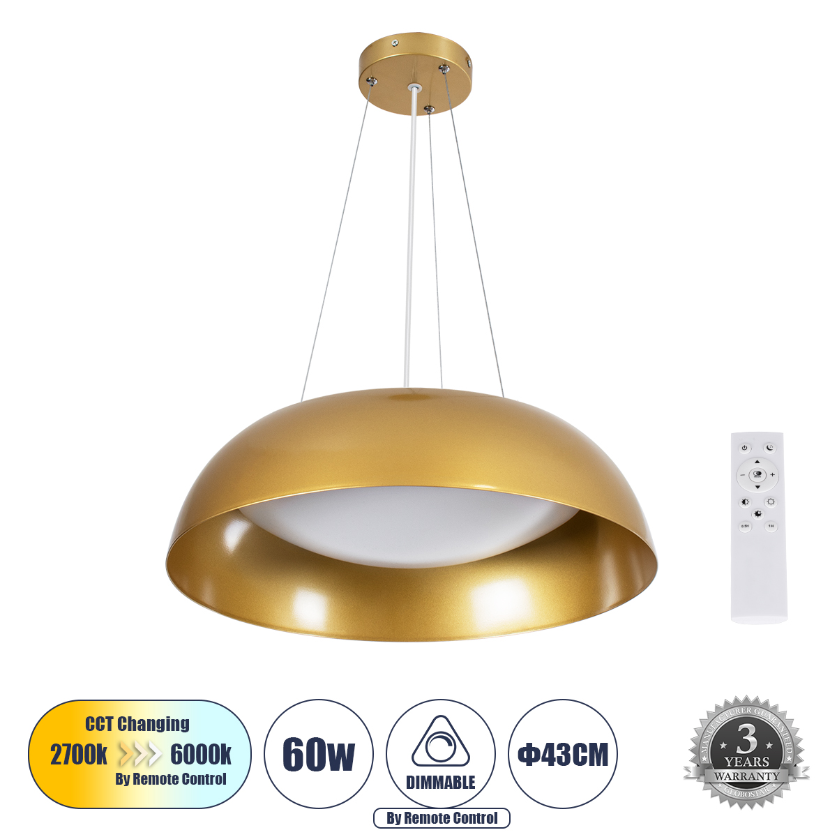 61268 GloboStar® ANATOLIA 61268 Κρεμαστή Πλαφονιέρα Οροφής LED CCT 60W 6900lm 120° AC 220-240V – Εναλλαγή Φωτισμού μέσω Τηλεχειριστηρίου All In One Ψυχρό 6000k+Φυσικό 4500k+Θερμό 2700k Dimmable Φ43cm – Χρυσό – 3 Years Warranty 61268 GloboStar® ANATOLIA 61268 Κρεμαστή Πλαφονιέρα Οροφής LED CCT 60W 6900lm 120° AC 220-240V – Εναλλαγή Φωτισμού μέσω Τηλεχειριστηρίου All In One Ψυχρό 6000k+Φυσικό 4500k+Θερμό 2700k Dimmable Φ43cm – Χρυσό – 3 Years Warranty