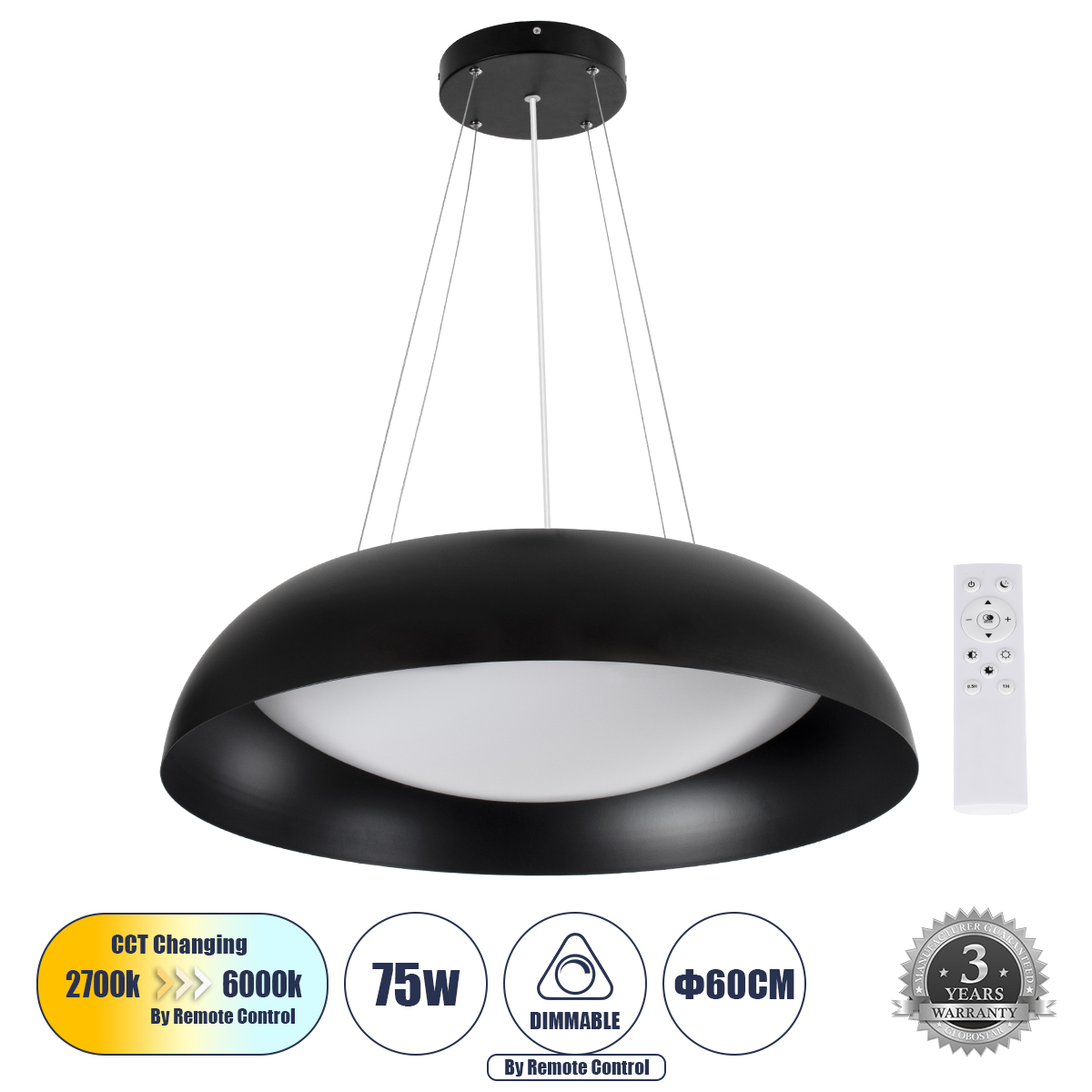 61269 GloboStar® ANATOLIA 61269 Κρεμαστή Πλαφονιέρα Οροφής LED CCT 75W 8625lm 120° AC 220-240V – Εναλλαγή Φωτισμού μέσω Τηλεχειριστηρίου All In One Ψυχρό 6000k+Φυσικό 4500k+Θερμό 2700k Dimmable Φ60cm – Μαύρο – 3 Years Warranty 61269 GloboStar® ANATOLIA 61269 Κρεμαστή Πλαφονιέρα Οροφής LED CCT 75W 8625lm 120° AC 220-240V – Εναλλαγή Φωτισμού μέσω Τηλεχειριστηρίου All In One Ψυχρό 6000k+Φυσικό 4500k+Θερμό 2700k Dimmable Φ60cm – Μαύρο – 3 Years Warranty