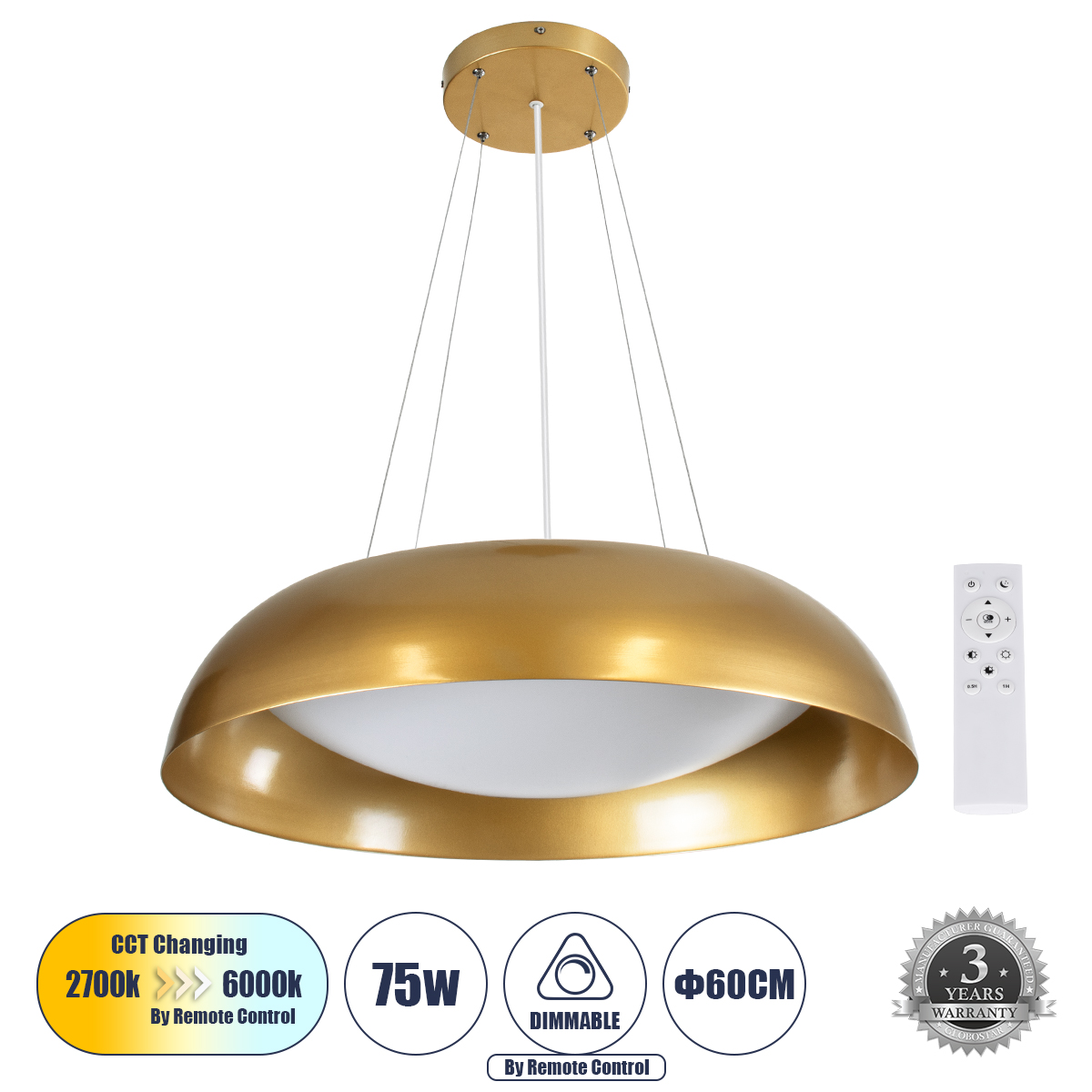 61270 GloboStar® ANATOLIA 61270 Κρεμαστή Πλαφονιέρα Οροφής LED CCT 75W 8625lm 120° AC 220-240V – Εναλλαγή Φωτισμού μέσω Τηλεχειριστηρίου All In One Ψυχρό 6000k+Φυσικό 4500k+Θερμό 2700k Dimmable Φ60cm – Χρυσό – 3 Years Warranty 61270 GloboStar® ANATOLIA 61270 Κρεμαστή Πλαφονιέρα Οροφής LED CCT 75W 8625lm 120° AC 220-240V – Εναλλαγή Φωτισμού μέσω Τηλεχειριστηρίου All In One Ψυχρό 6000k+Φυσικό 4500k+Θερμό 2700k Dimmable Φ60cm – Χρυσό – 3 Years Warranty