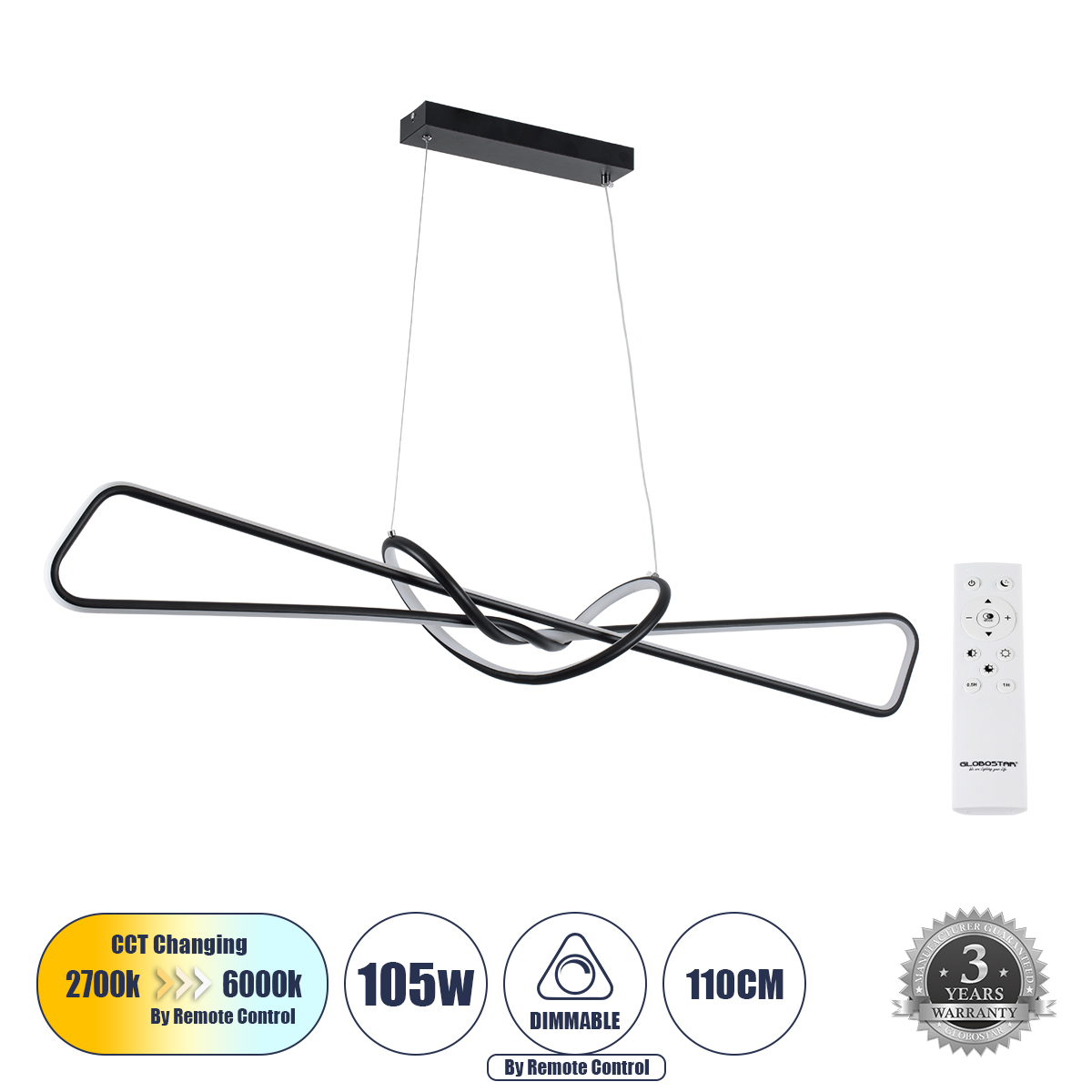 61279 GloboStar® DOLORES 61279 Κρεμαστό Φωτιστικό Οροφής Design LED CCT 105W 11760lm 300° AC 220-240V – Εναλλαγή Φωτισμού μέσω Τηλεχειριστηρίου All In One Ψυχρό 6000k+Φυσικό 4500k+Θερμό 2700k Dimmable Μ110 x Π17 x Υ17.5cm – Μαύρο – 3 Years Warranty 61279 GloboStar® DOLORES 61279 Κρεμαστό Φωτιστικό Οροφής Design LED CCT 105W 11760lm 300° AC 220-240V – Εναλλαγή Φωτισμού μέσω Τηλεχειριστηρίου All In One Ψυχρό 6000k+Φυσικό 4500k+Θερμό 2700k Dimmable Μ110 x Π17 x Υ17.5cm – Μαύρο – 3 Years Warranty