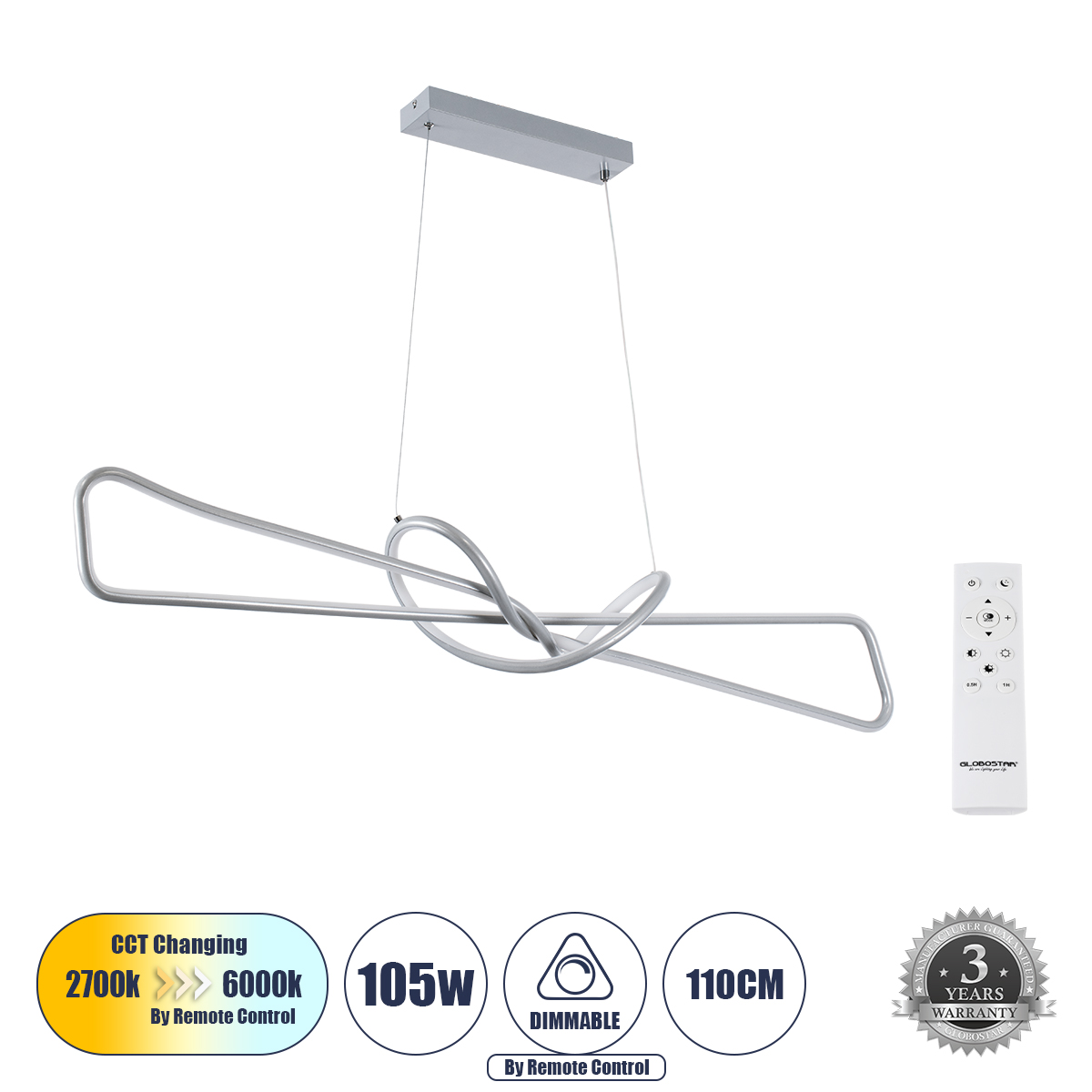 61281 GloboStar® DOLORES 61281 Κρεμαστό Φωτιστικό Οροφής Design LED CCT 105W 11760lm 300° AC 220-240V – Εναλλαγή Φωτισμού μέσω Τηλεχειριστηρίου All In One Ψυχρό 6000k+Φυσικό 4500k+Θερμό 2700k Dimmable Μ110 x Π17 x Υ17.5cm – Νίκελ Βούρτσας – 3 Years Warra 61281 GloboStar® DOLORES 61281 Κρεμαστό Φωτιστικό Οροφής Design LED CCT 105W 11760lm 300° AC 220-240V – Εναλλαγή Φωτισμού μέσω Τηλεχειριστηρίου All In One Ψυχρό 6000k+Φυσικό 4500k+Θερμό 2700k Dimmable Μ110 x Π17 x Υ17.5cm – Νίκελ Βούρτσας – 3 Years Warra