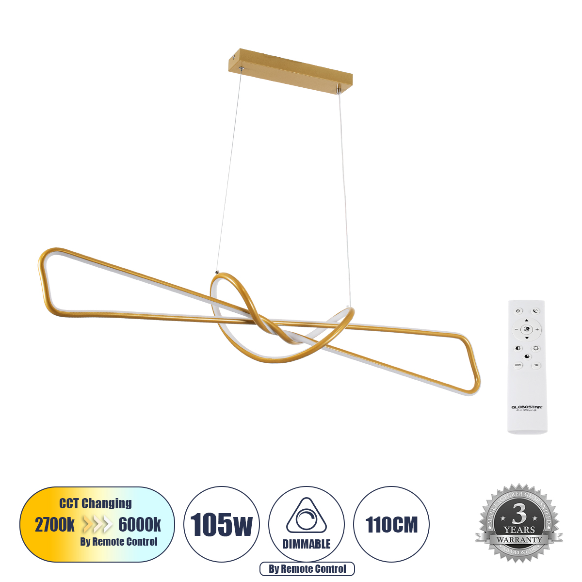 61282 GloboStar® DOLORES 61282 Κρεμαστό Φωτιστικό Οροφής Design LED CCT 105W 11760lm 300° AC 220-240V – Εναλλαγή Φωτισμού μέσω Τηλεχειριστηρίου All In One Ψυχρό 6000k+Φυσικό 4500k+Θερμό 2700k Dimmable Μ110 x Π17 x Υ17.5cm – Χρυσό Βούρτσας – 3 Years Warra 61282 GloboStar® DOLORES 61282 Κρεμαστό Φωτιστικό Οροφής Design LED CCT 105W 11760lm 300° AC 220-240V – Εναλλαγή Φωτισμού μέσω Τηλεχειριστηρίου All In One Ψυχρό 6000k+Φυσικό 4500k+Θερμό 2700k Dimmable Μ110 x Π17 x Υ17.5cm – Χρυσό Βούρτσας – 3 Years Warra