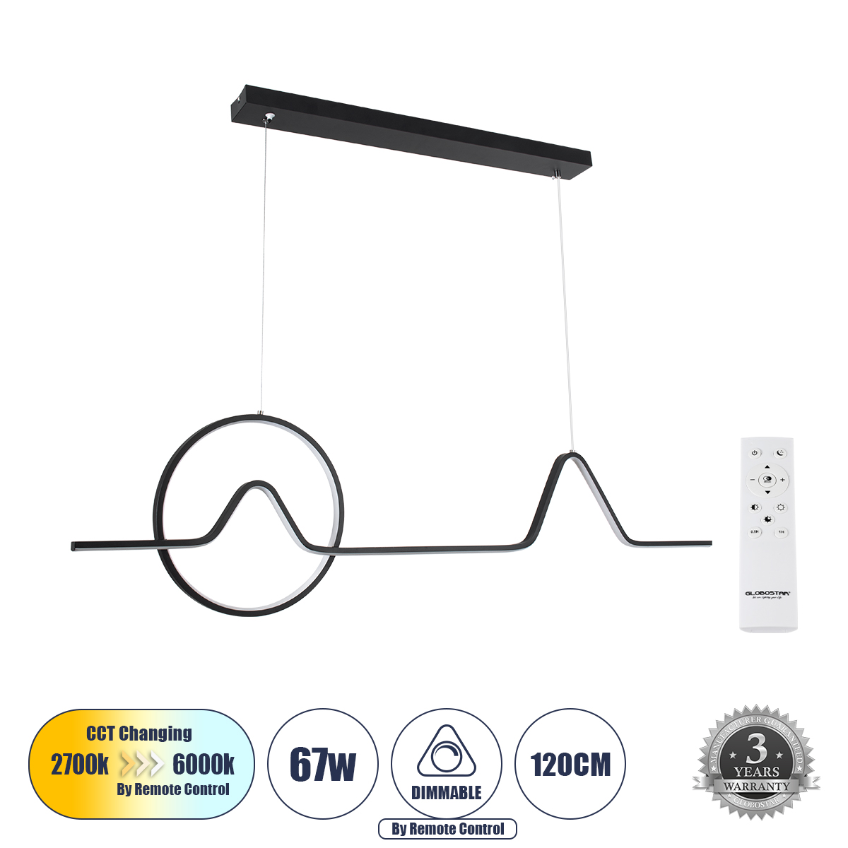 61292 GloboStar® GLOBOSTAR® WINDY 61292 Μοντέρνο Κρεμαστό Φωτιστικό Οροφής LED 67W 7504lm 300° AC 220-240V IP20 Ρυθμιζόμενο Λευκό CCT με Χειριστήριο από 2700K έως 6000K Dimmable - Lumileds SMD Chip - Μαύρο Ματ - Μ120 x Π4 x Υ30cm - 3 Χρόνια Εγγύηση